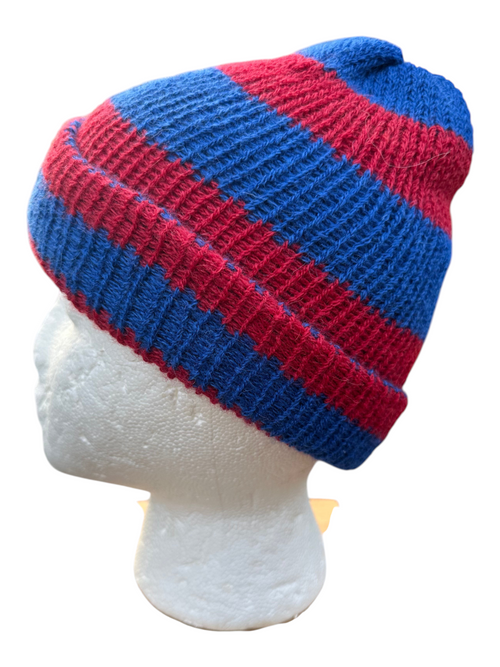 Oak Crest Alpacas and More double knit alpaca hat in blue and red stripes with a fold over brim on a mannequin head