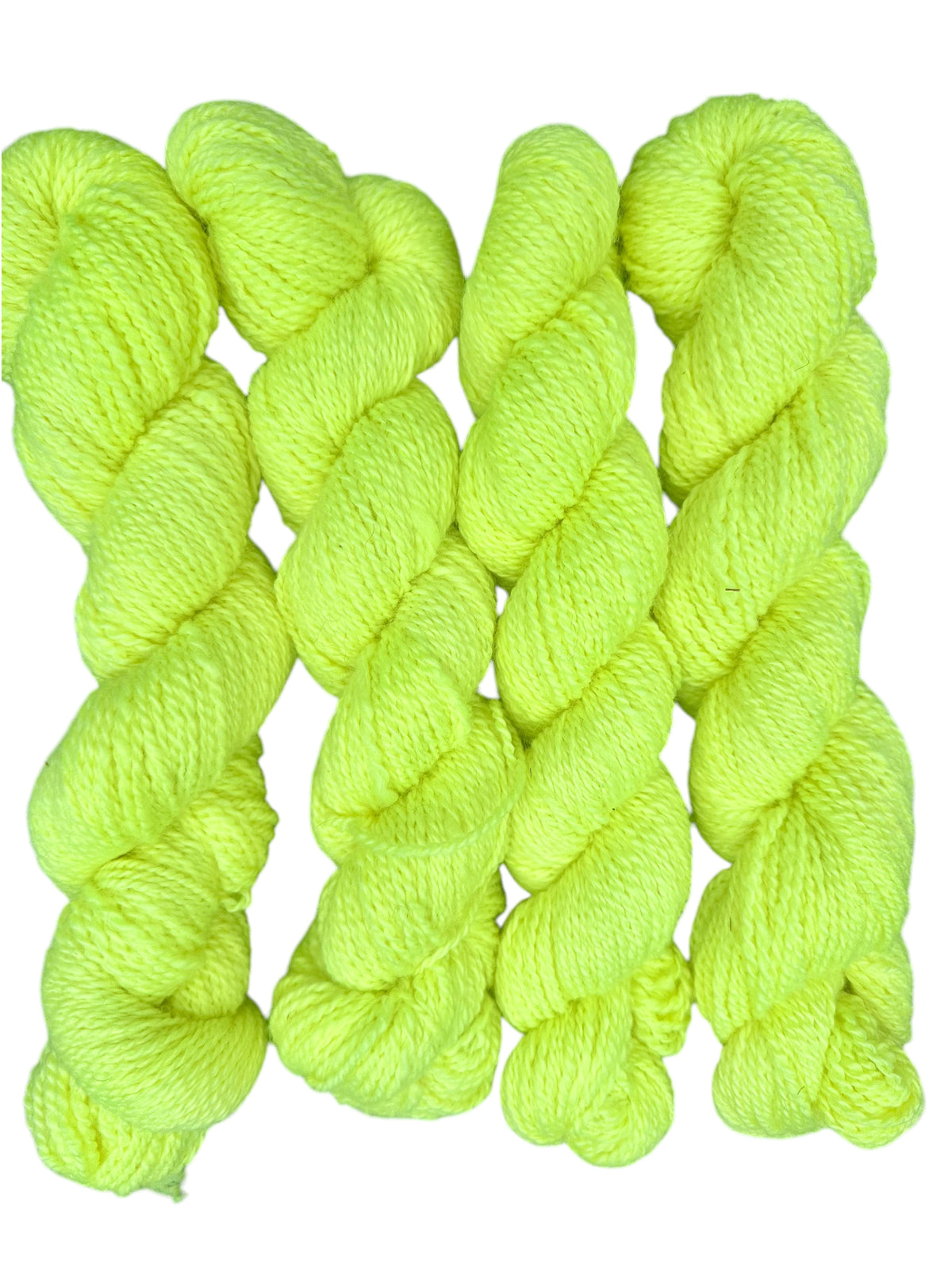 Oak Crest Alpacas and More hand-dyed neon yellow 100% American alpaca DK weight yarn skeins