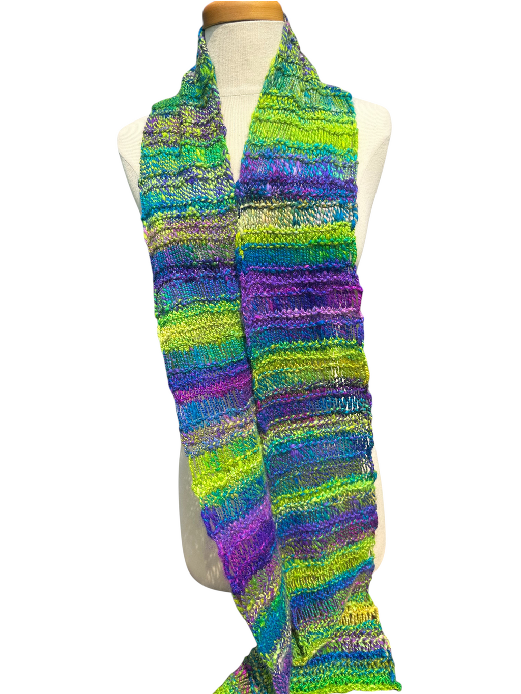 Oak Crest Alpacas and More hand-knit chunky alpaca scarf in vibrant purple and green multi-color lace design.