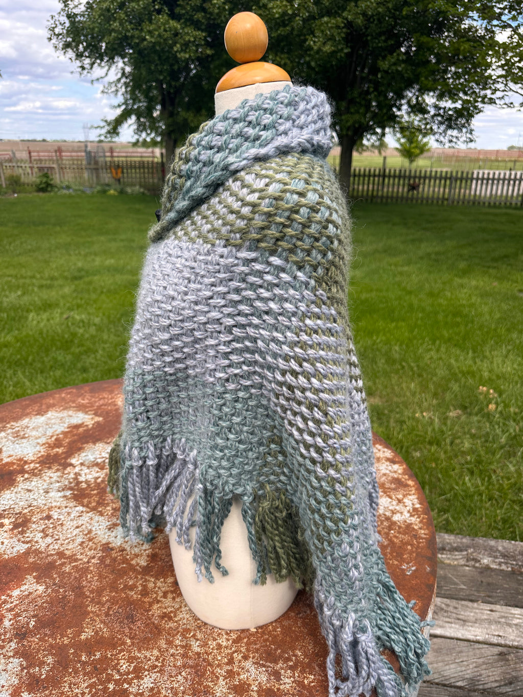 Hand woven alpaca shawl with fringe. 20% Alpaca  plus Acrylic. Chunky yarn.