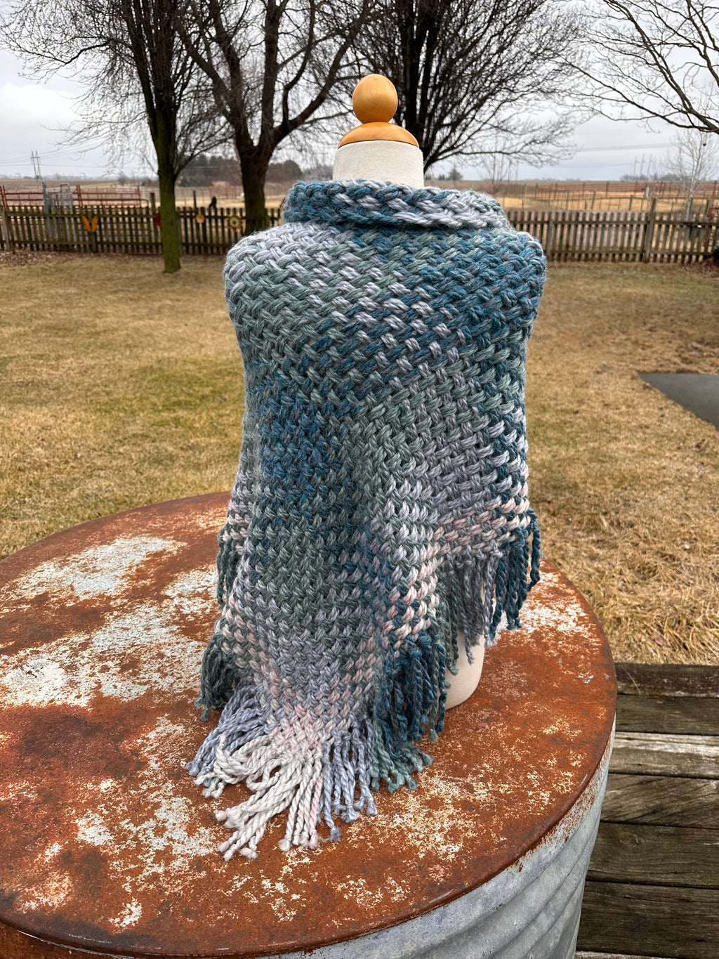 Hand woven alpaca shawl with fringe. 20% Alpaca  plus Acrylic. Chunky yarn.