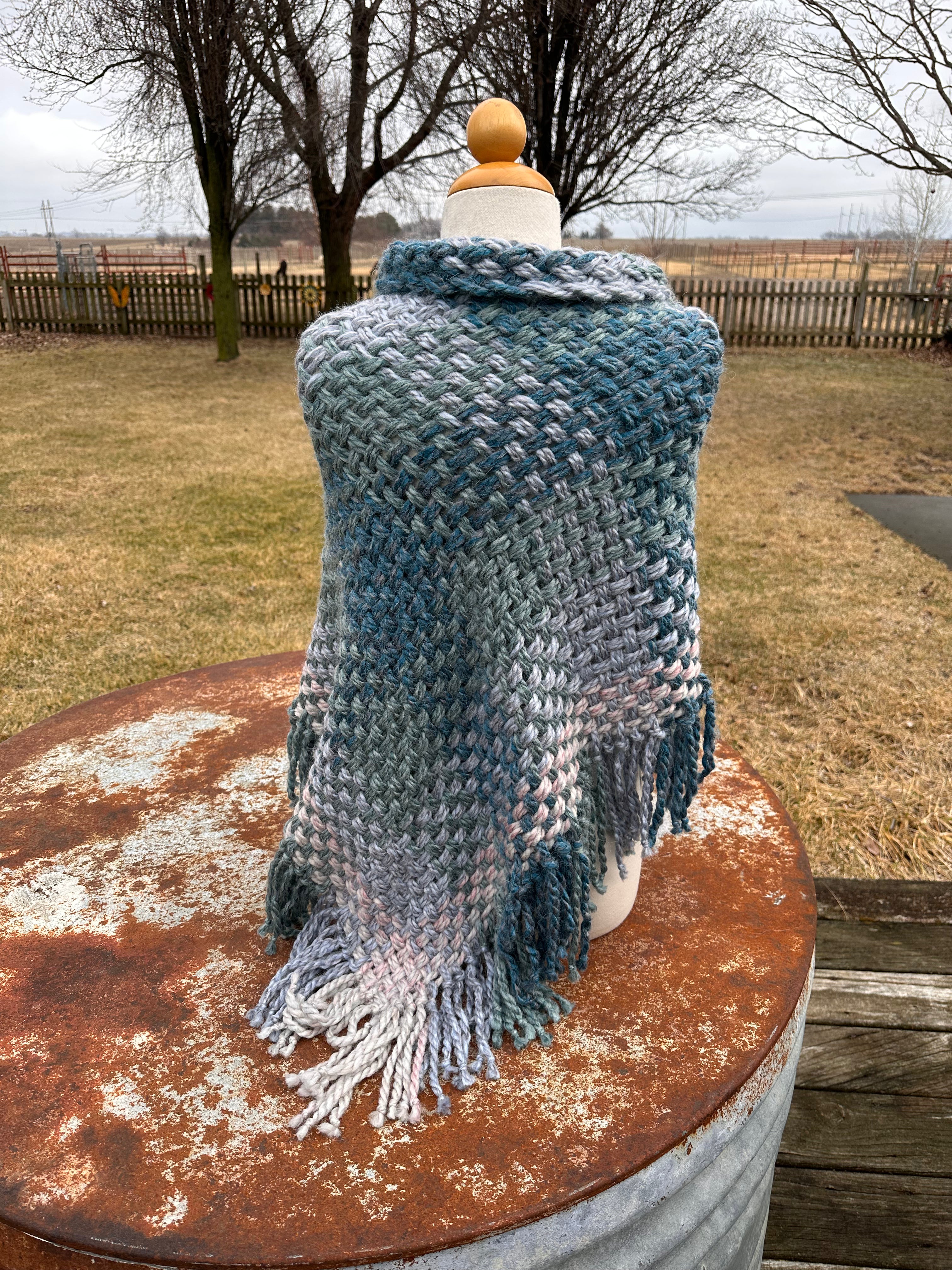 Hand woven alpaca shawl with fringe. 20% Alpaca  plus Acrylic. Chunky yarn.