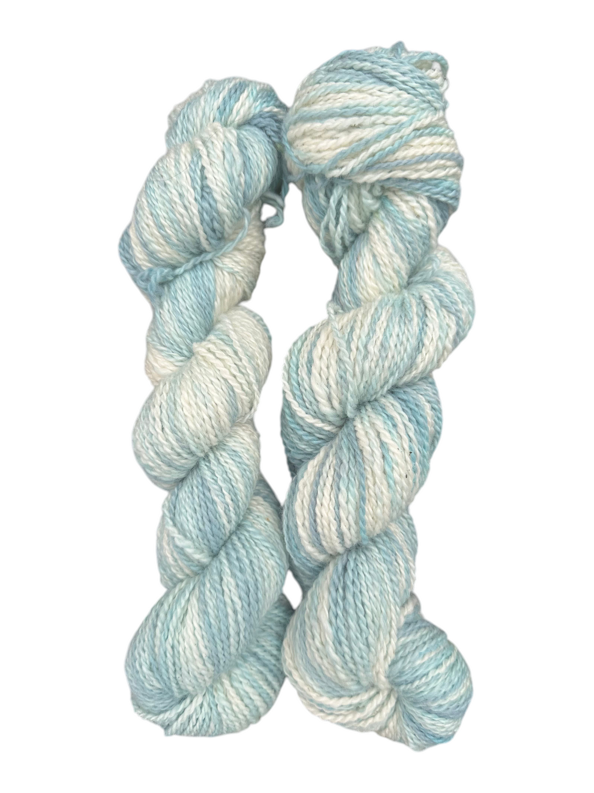 Oak Crest Alpacas and More hand-dyed DK weight 100% American alpaca yarn in variegated light blue and white