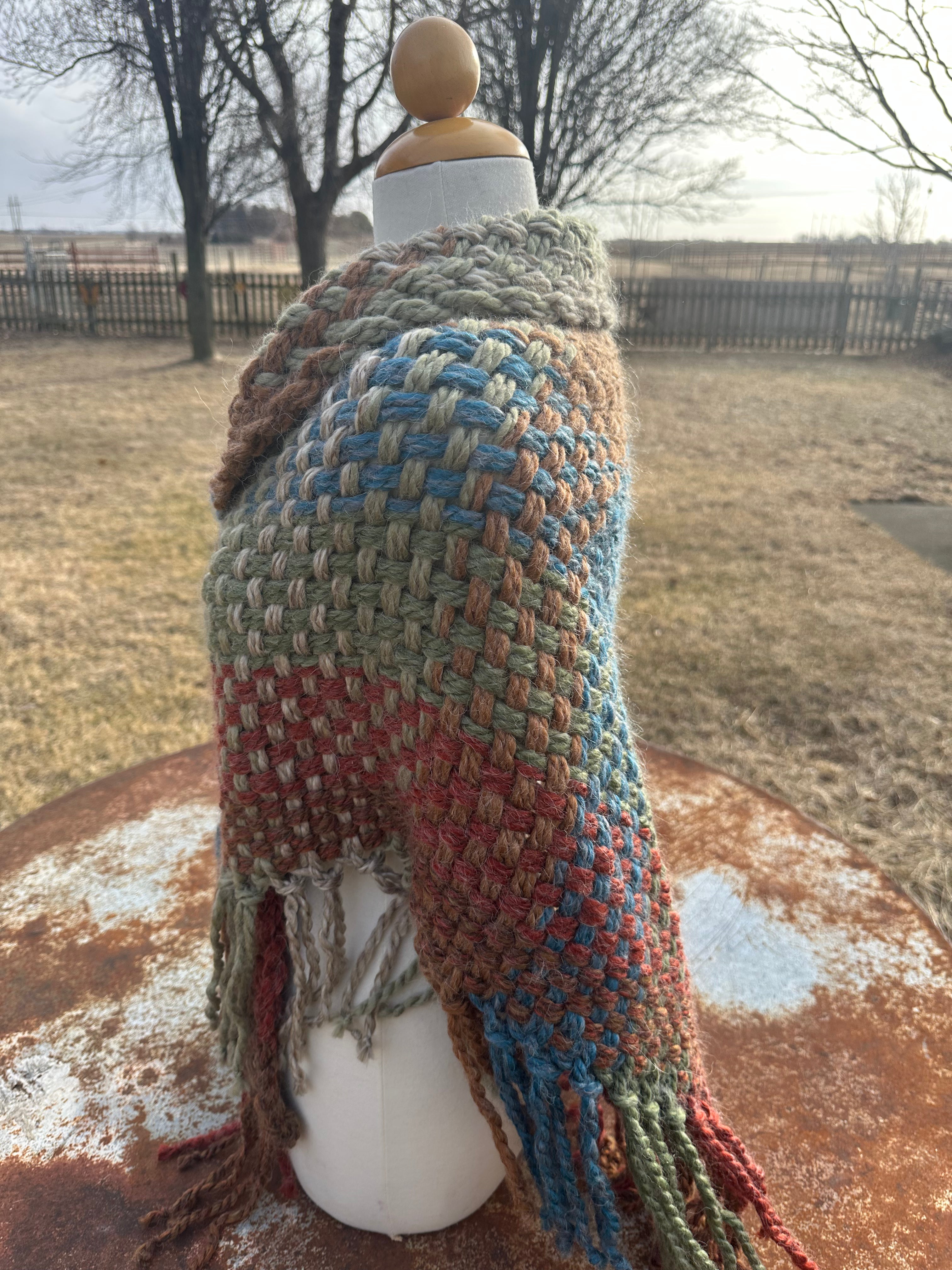 Hand woven alpaca shawl with fringe. 20% Alpaca  plus Acrylic. Chunky yarn.