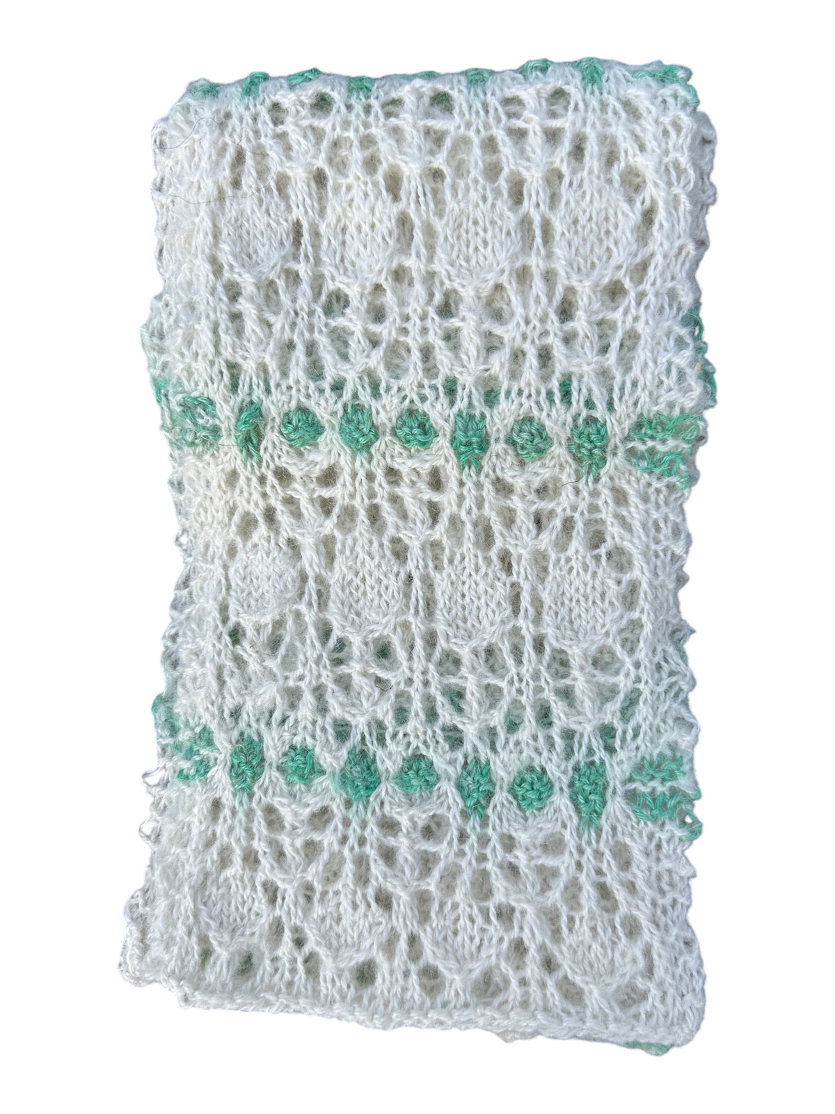 Oak Crest Alpacas and More hand knit scarf in white and green with a delicate lace pattern made from soft alpaca yarn.