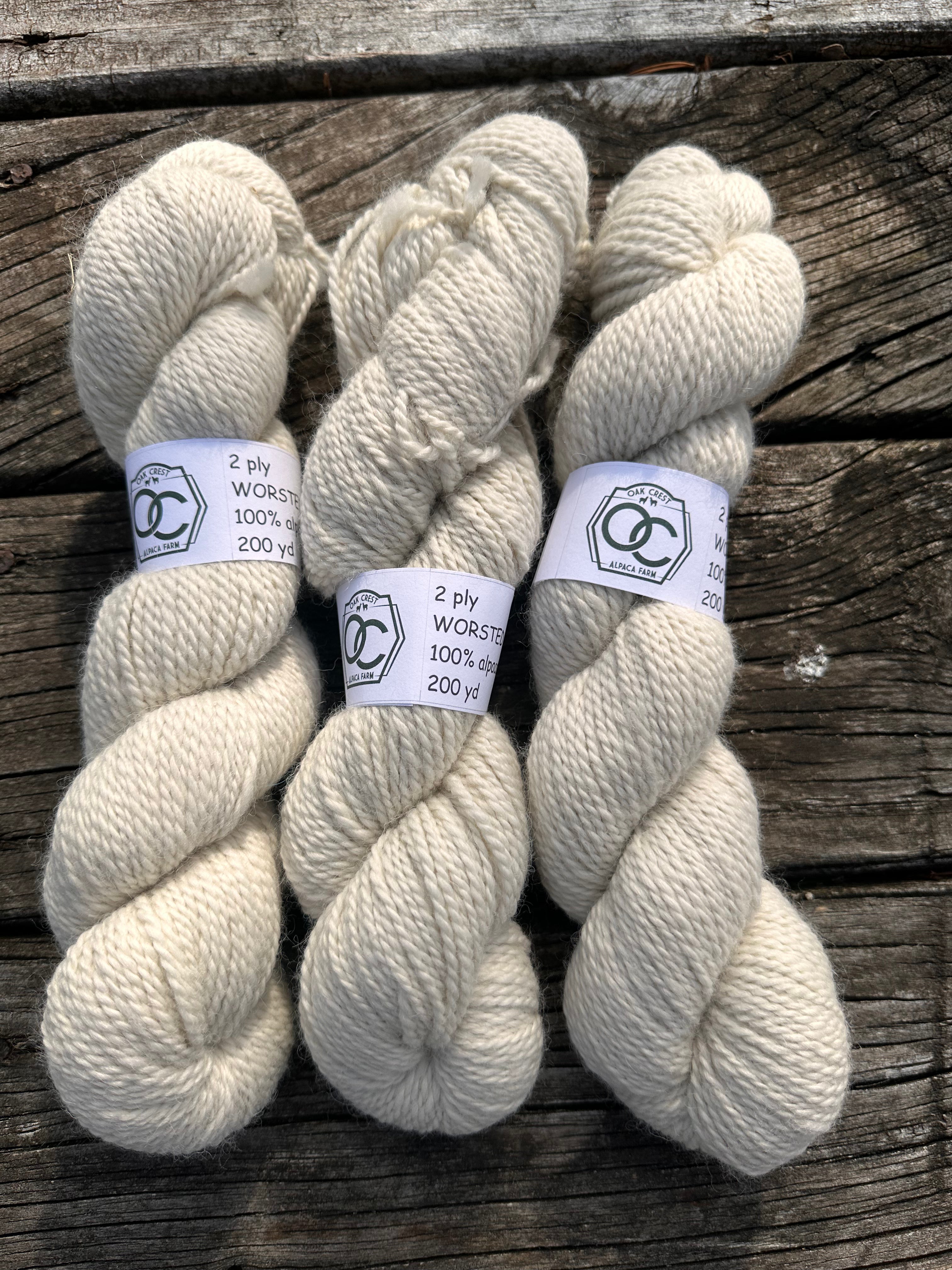 200 yd of Worsted 100% USA Alpaca from our alpacas, 2 ply. Natural Colors