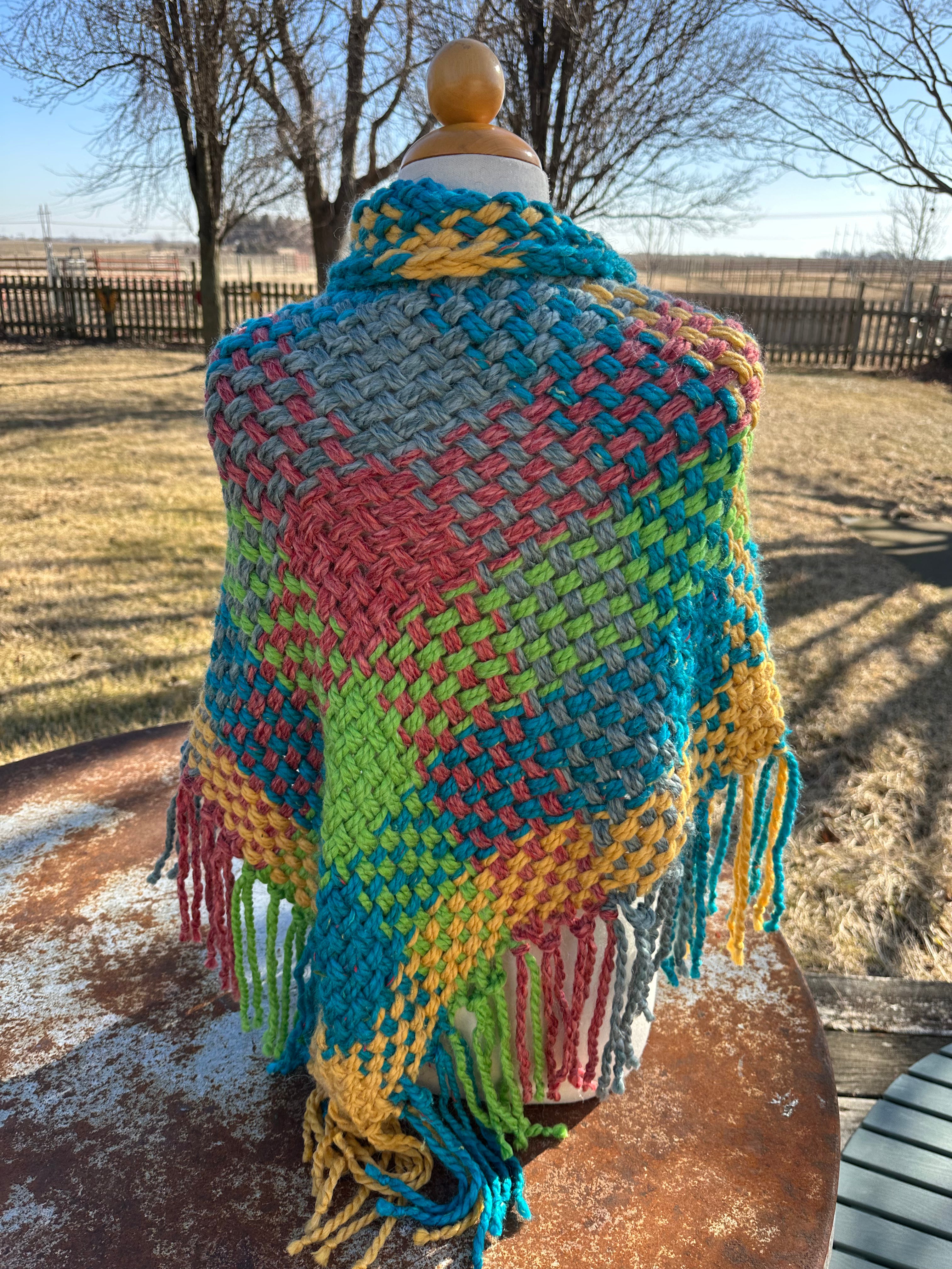 Hand woven alpaca shawl with fringe. 20% Alpaca  plus Acrylic. Chunky yarn.