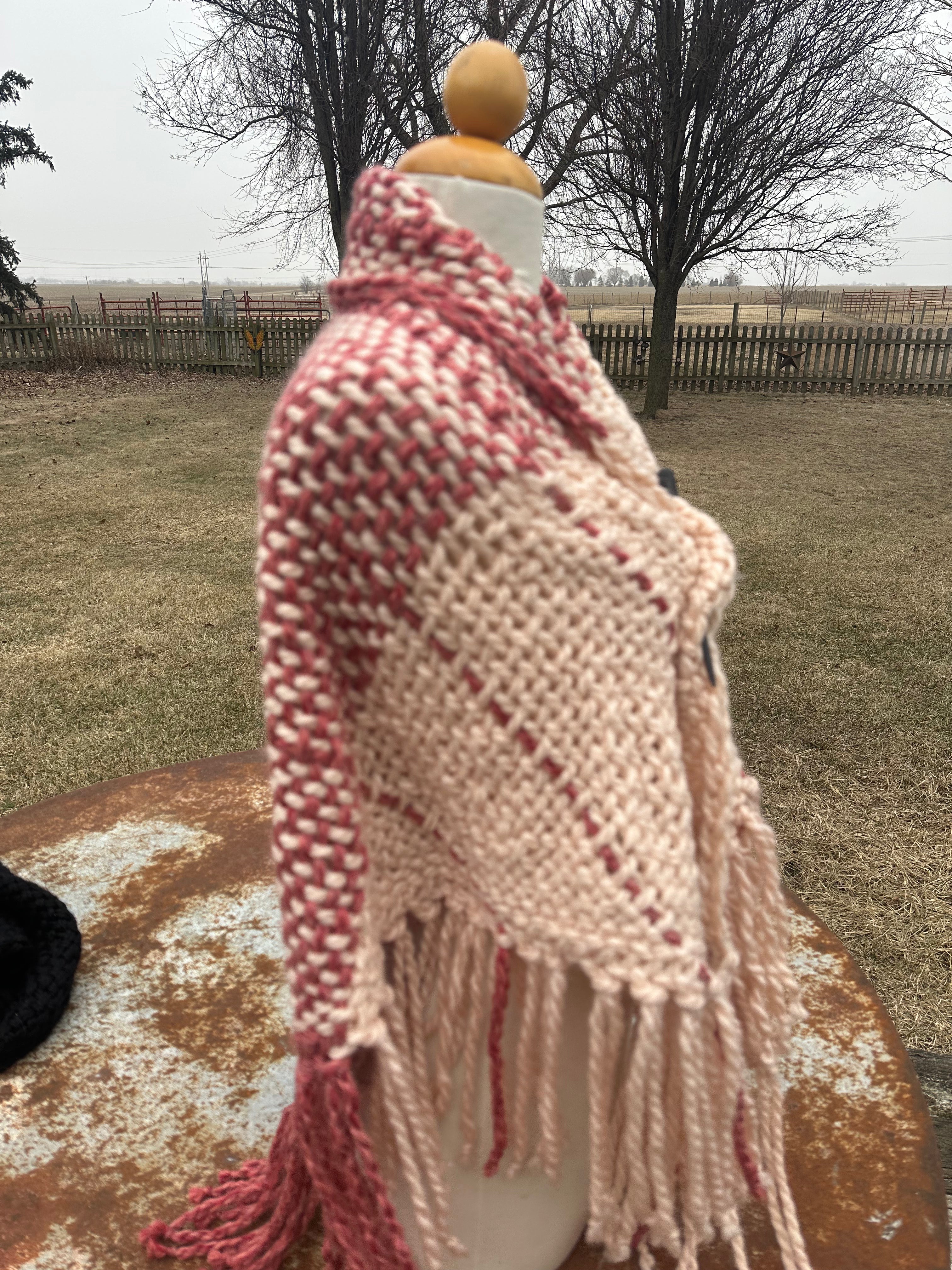Hand woven alpaca shawl with fringe. 20% Alpaca  plus Acrylic. Chunky yarn.