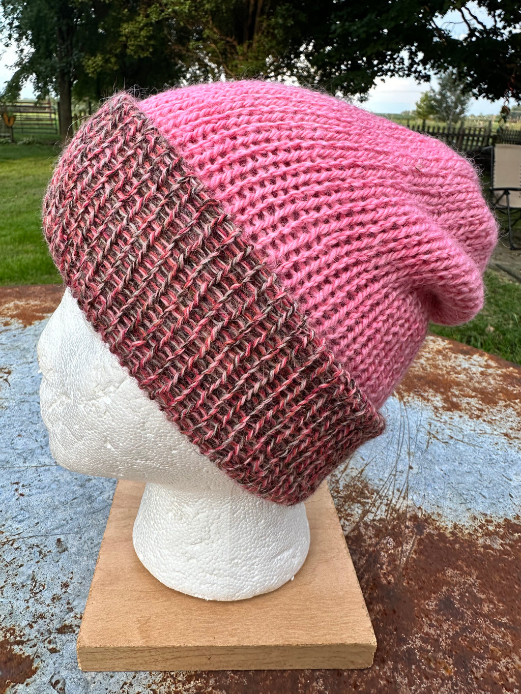 Double knit 100% Alpaca hat with fold over brim. Reversible.