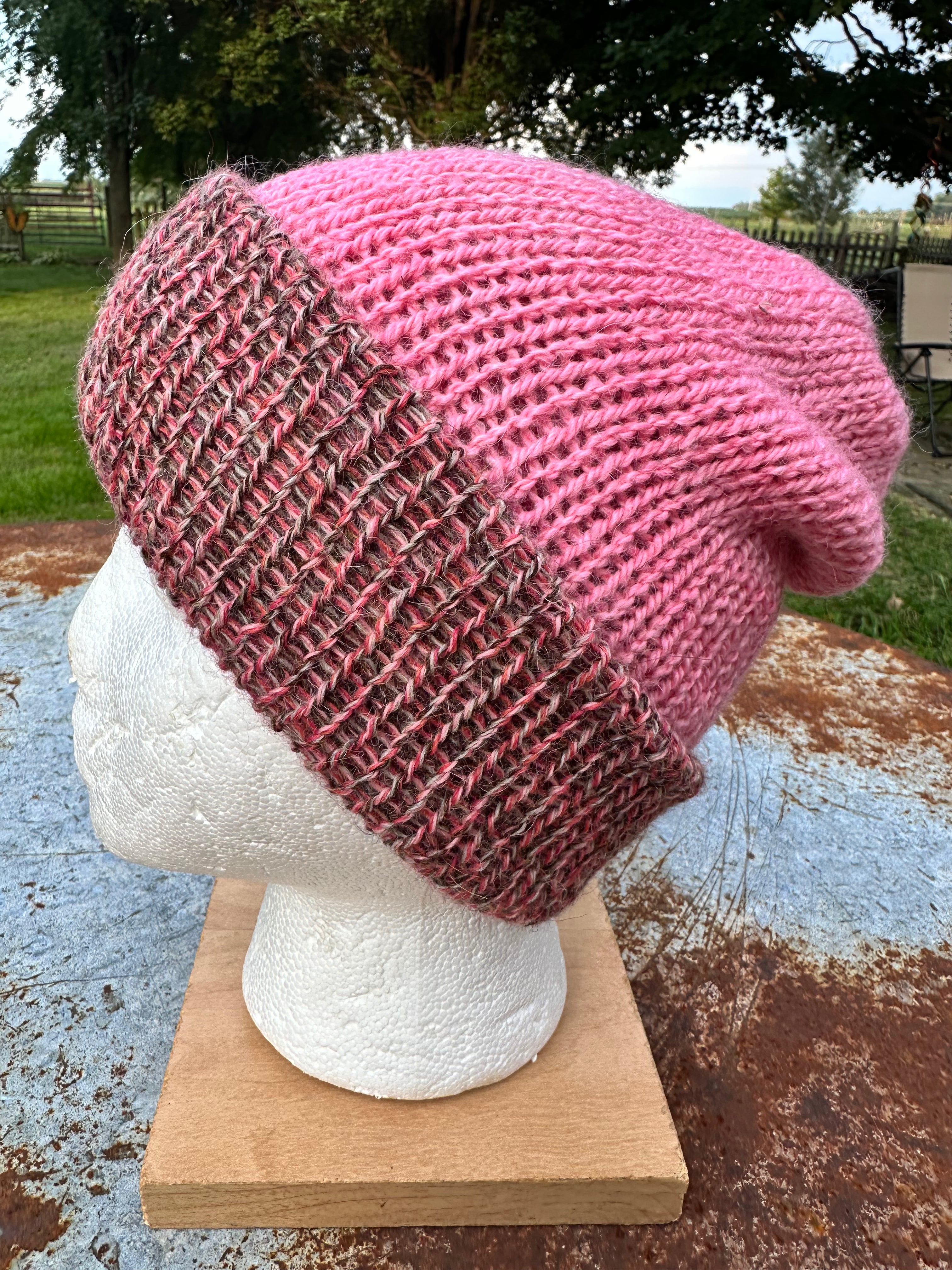 Double knit 100% Alpaca hat with fold over brim. Reversible.