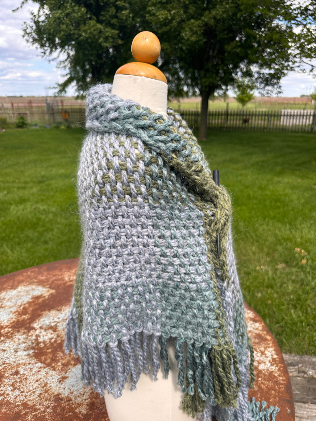 Hand woven alpaca shawl with fringe. 20% Alpaca  plus Acrylic. Chunky yarn.