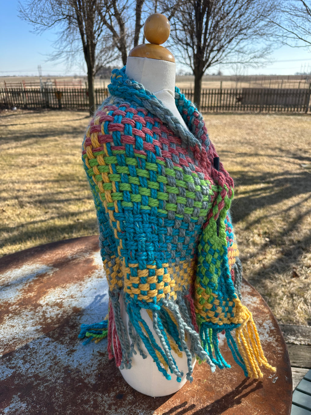 Hand woven alpaca shawl with fringe. 20% Alpaca  plus Acrylic. Chunky yarn.