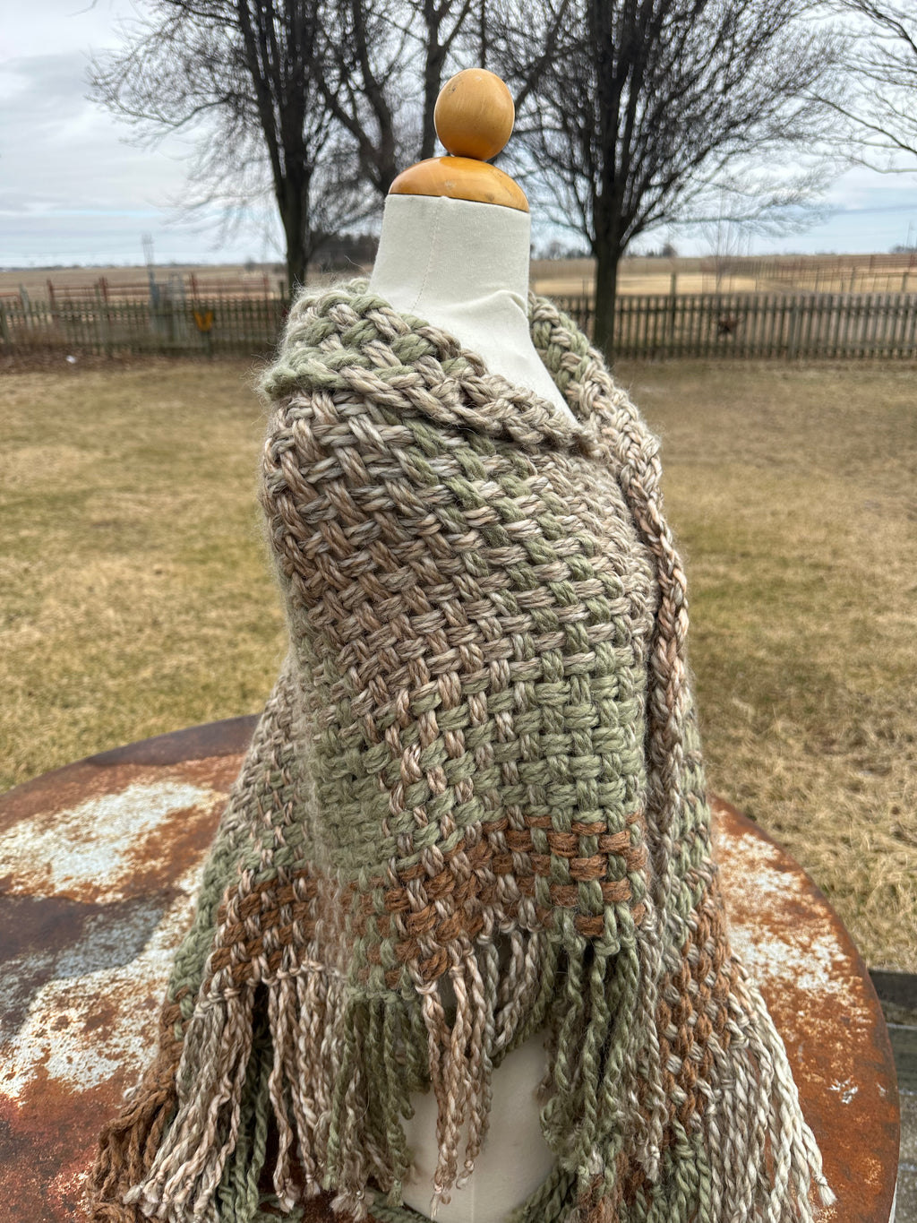 Hand woven alpaca shawl with fringe. 20% Alpaca  plus Acrylic. Chunky yarn.