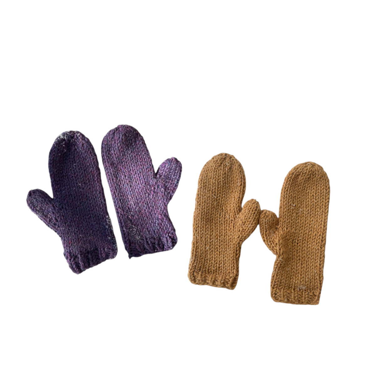 Oak Crest Alpacas and More hand knit 100% alpaca mittens in purple and straw colours resting on fresh snow.