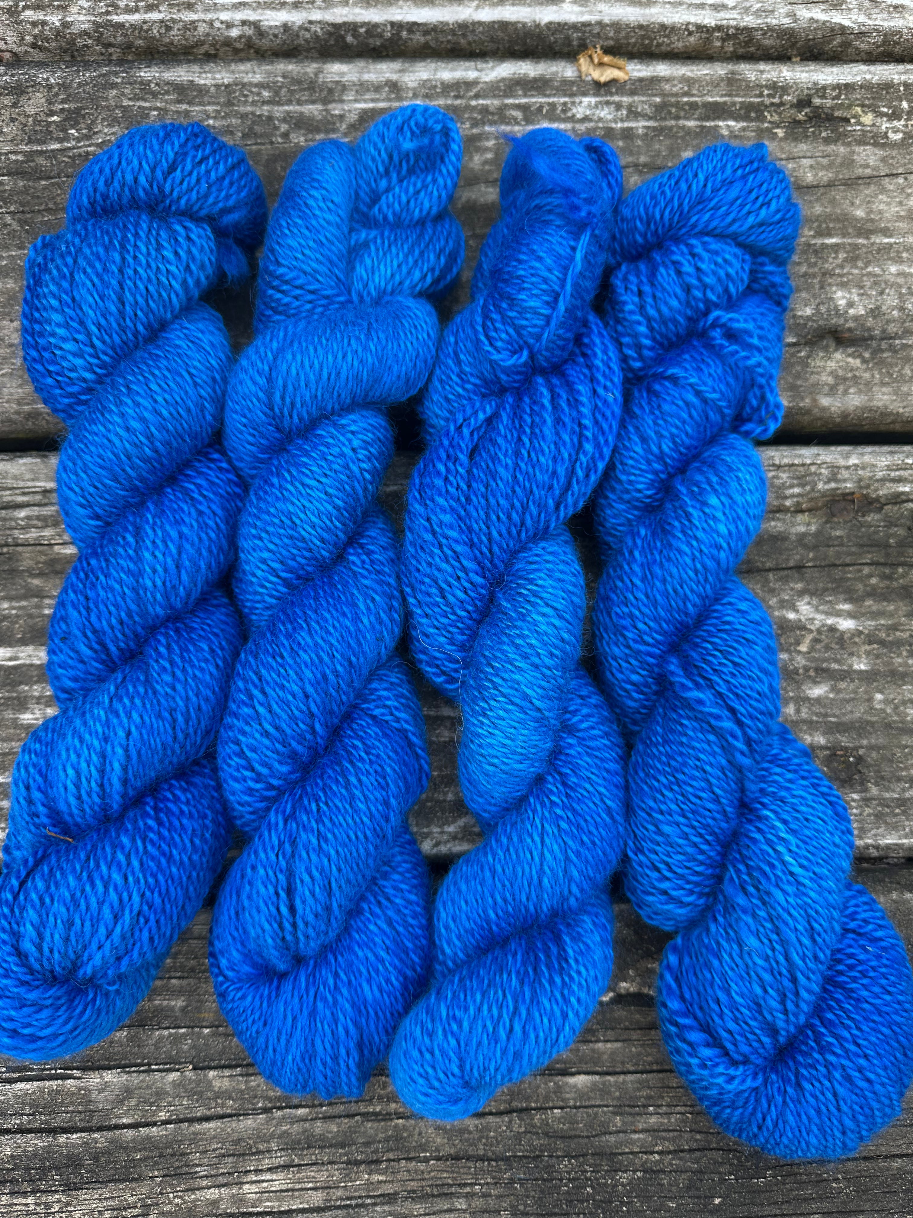 150 yd of Worsted weight 100%  American Alpaca yarn, 2 ply, from our alpacas. Hand dyed.