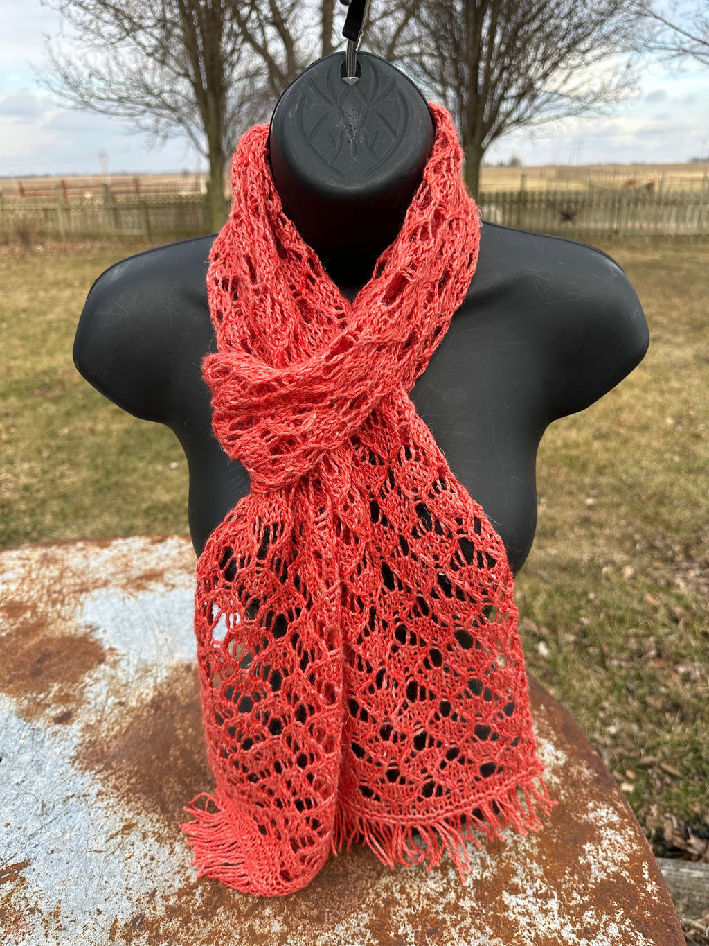 Long lacey alpaca scarf. Hand knit.