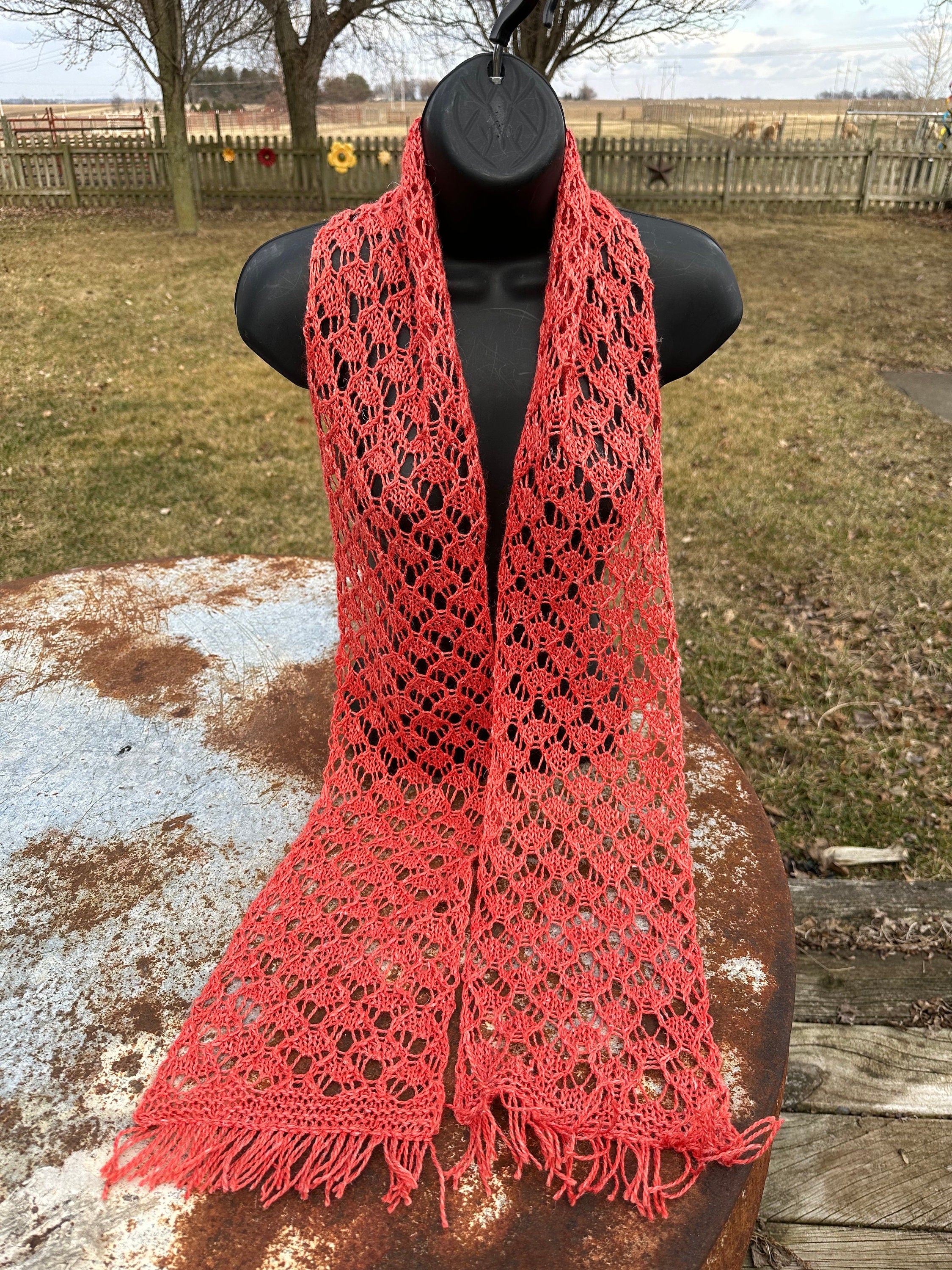 Long lacey alpaca scarf. Hand knit.
