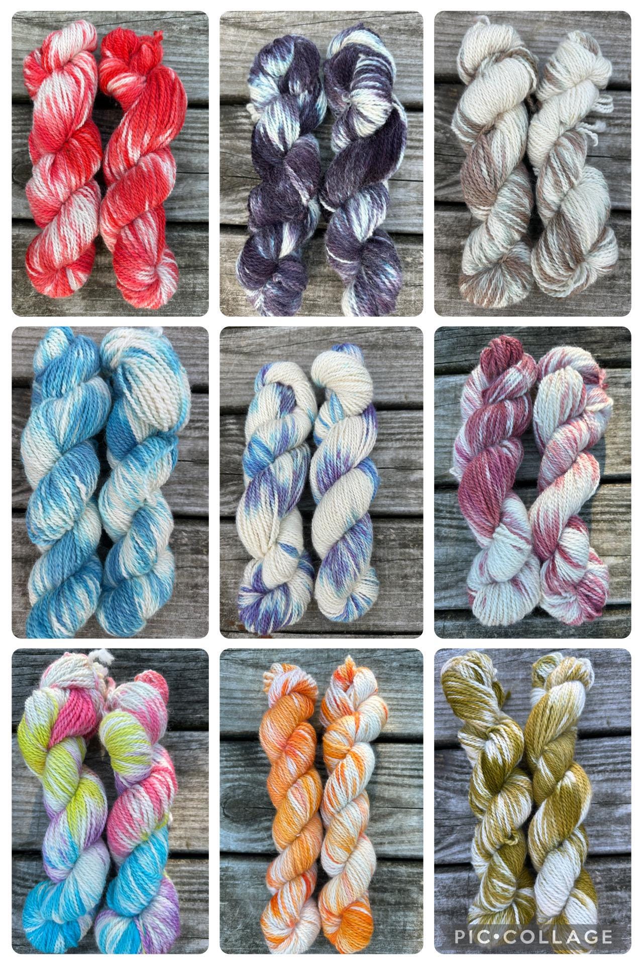 200 yd of worsted 100%  American Alpaca yarn, 2 ply, from our alpacas. Variegated. Hand dyed.