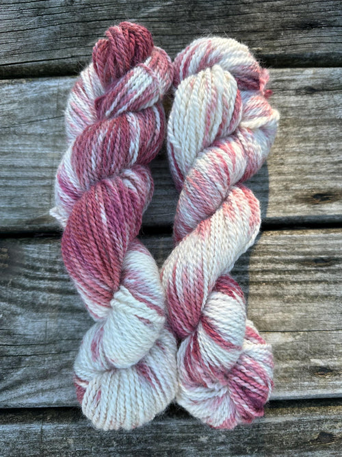 200 yd of worsted 100%  American Alpaca yarn, 2 ply, from our alpacas. Variegated. Hand dyed.