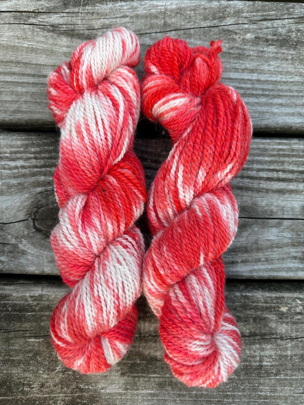 200 yd of worsted 100%  American Alpaca yarn, 2 ply, from our alpacas. Variegated. Hand dyed.