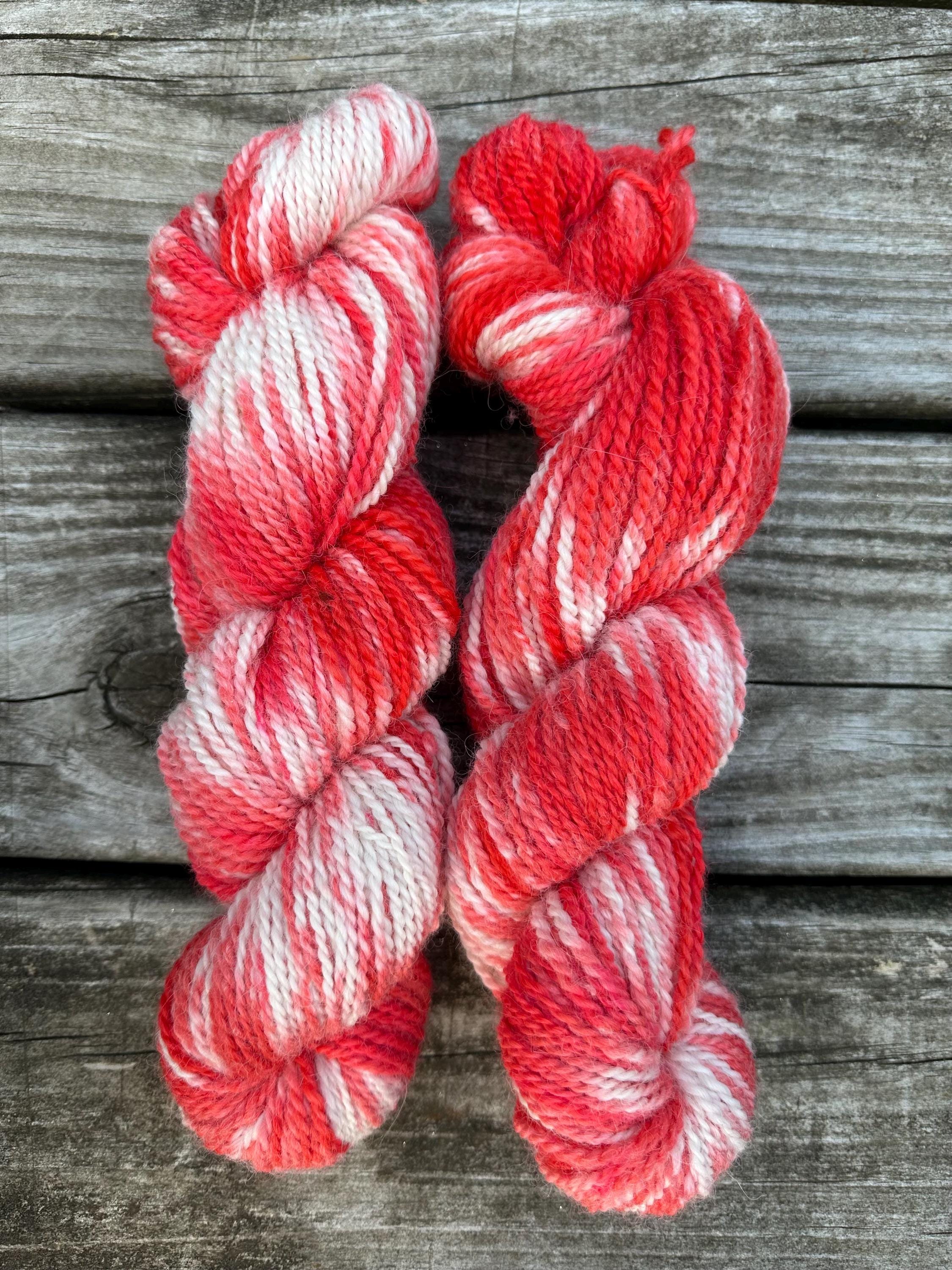 200 yd of worsted 100%  American Alpaca yarn, 2 ply, from our alpacas. Variegated. Hand dyed.