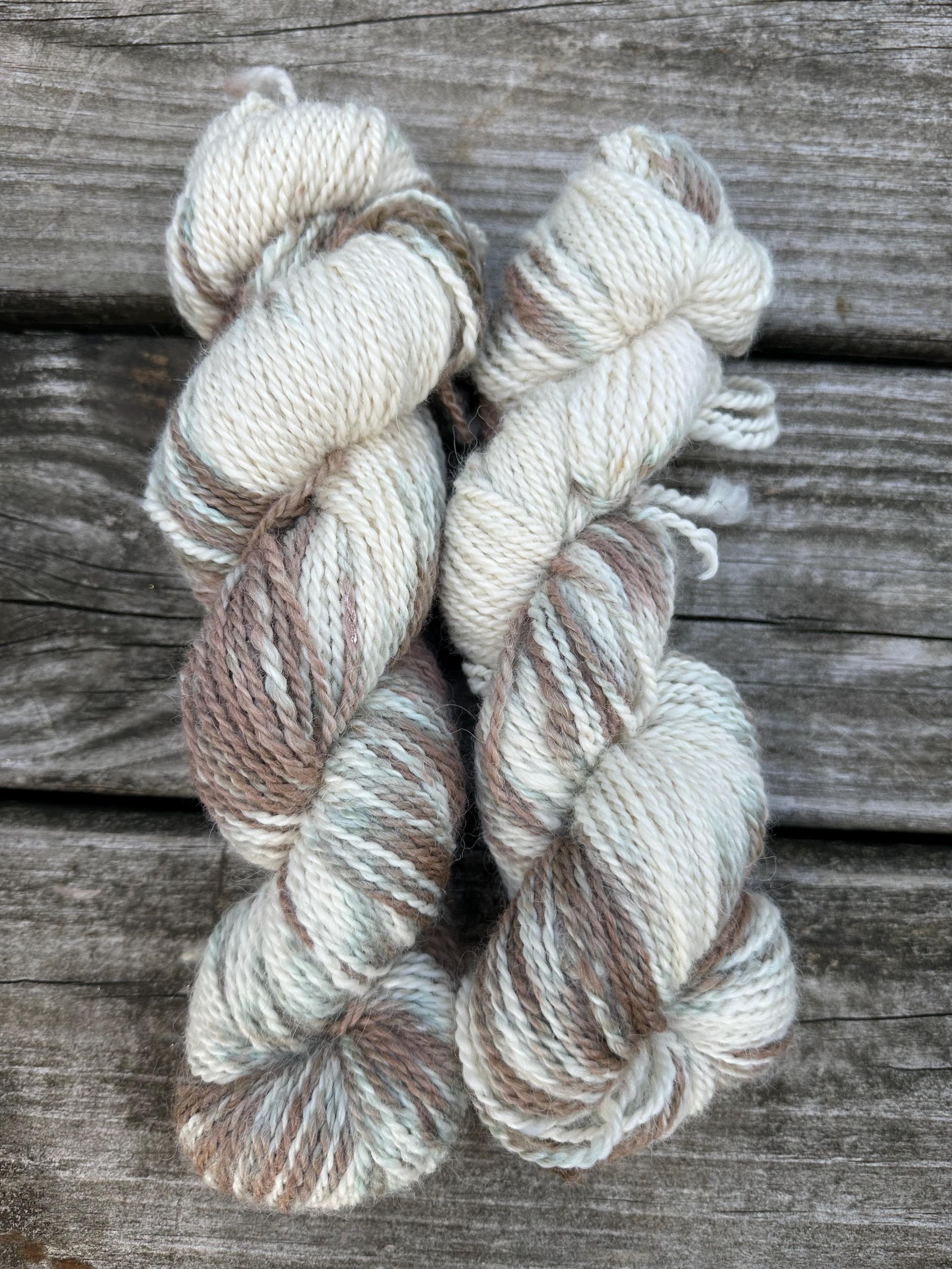 200 yd of worsted 100%  American Alpaca yarn, 2 ply, from our alpacas. Variegated. Hand dyed.