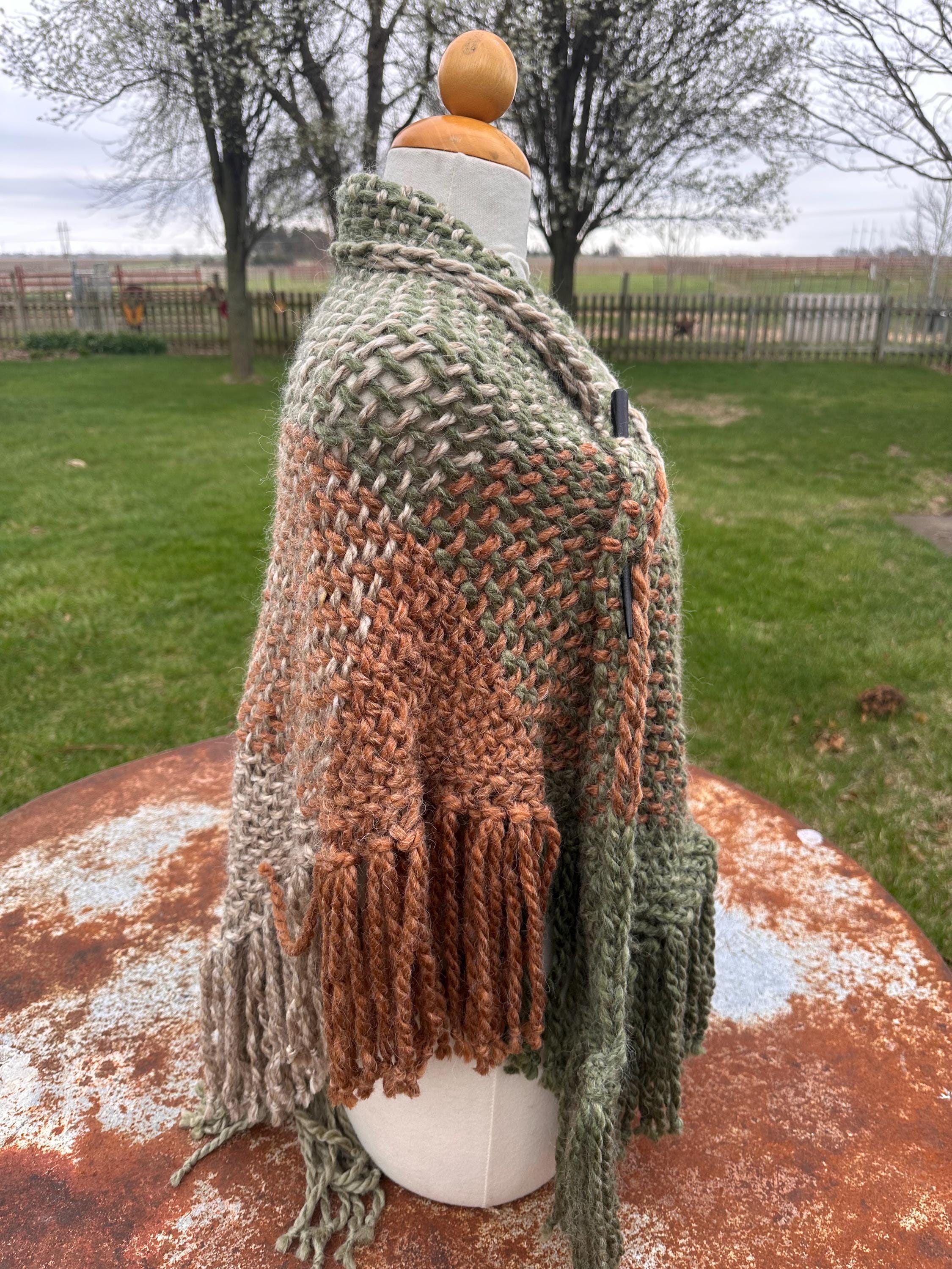 Hand woven alpaca shawl with fringe. 20% Alpaca  plus Acrylic. Chunky yarn.
