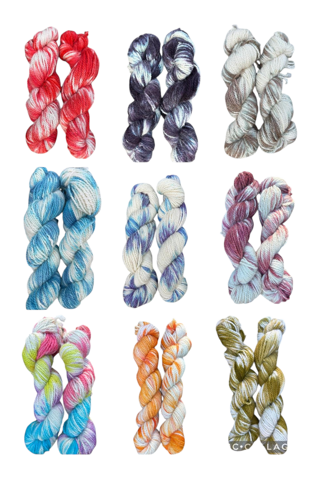 Oak Crest Alpacas and More variegated 100% American alpaca yarn skeins in various hand-dyed colors