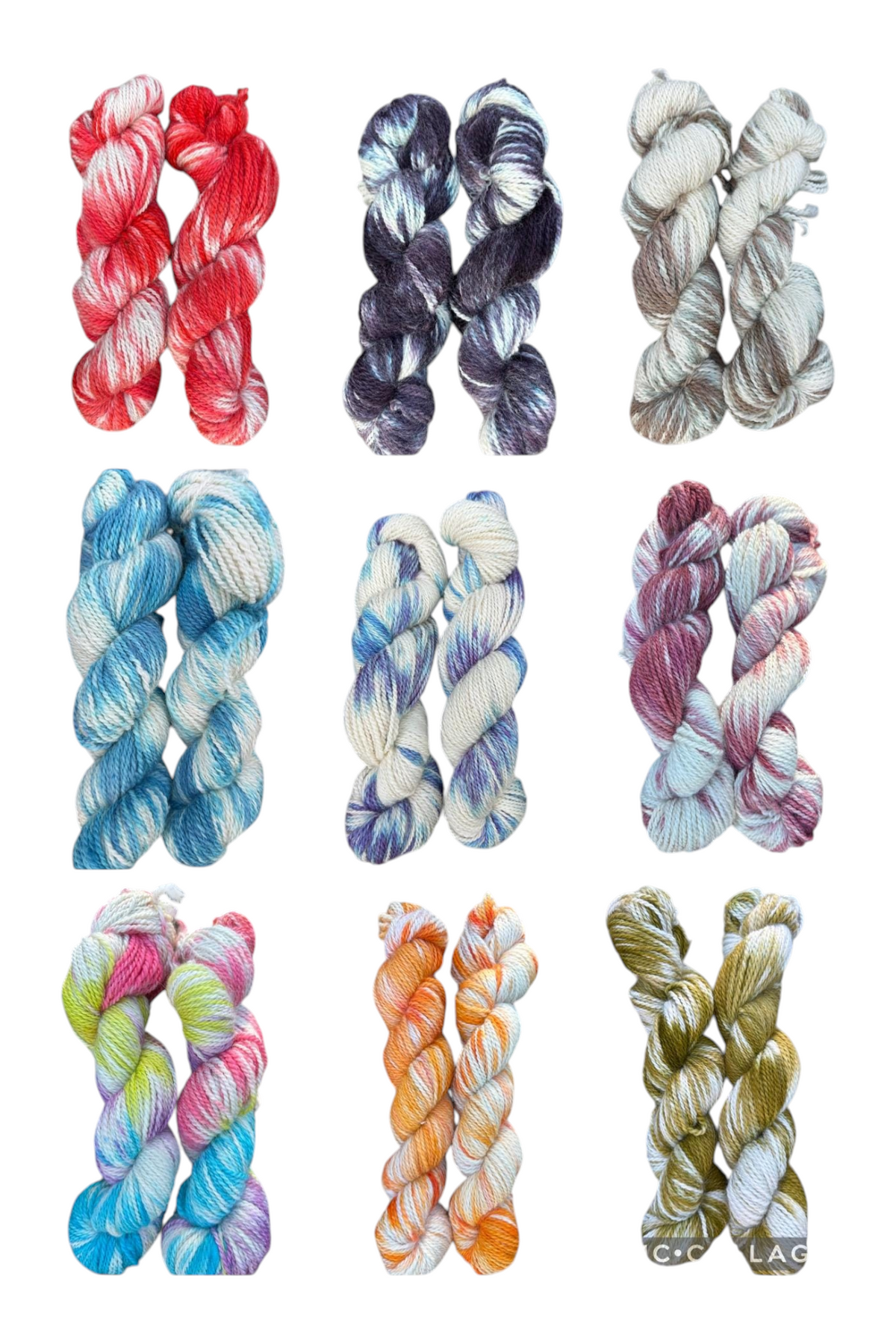 Oak Crest Alpacas and More variegated 100% American alpaca yarn skeins in various hand-dyed colors