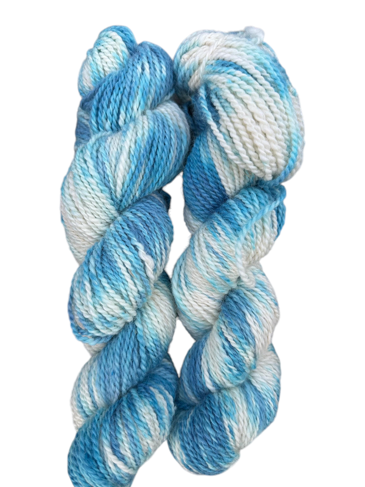 Oak Crest Alpacas and More hand dyed variegated blue and white 100% American alpaca worsted weight yarn skeins