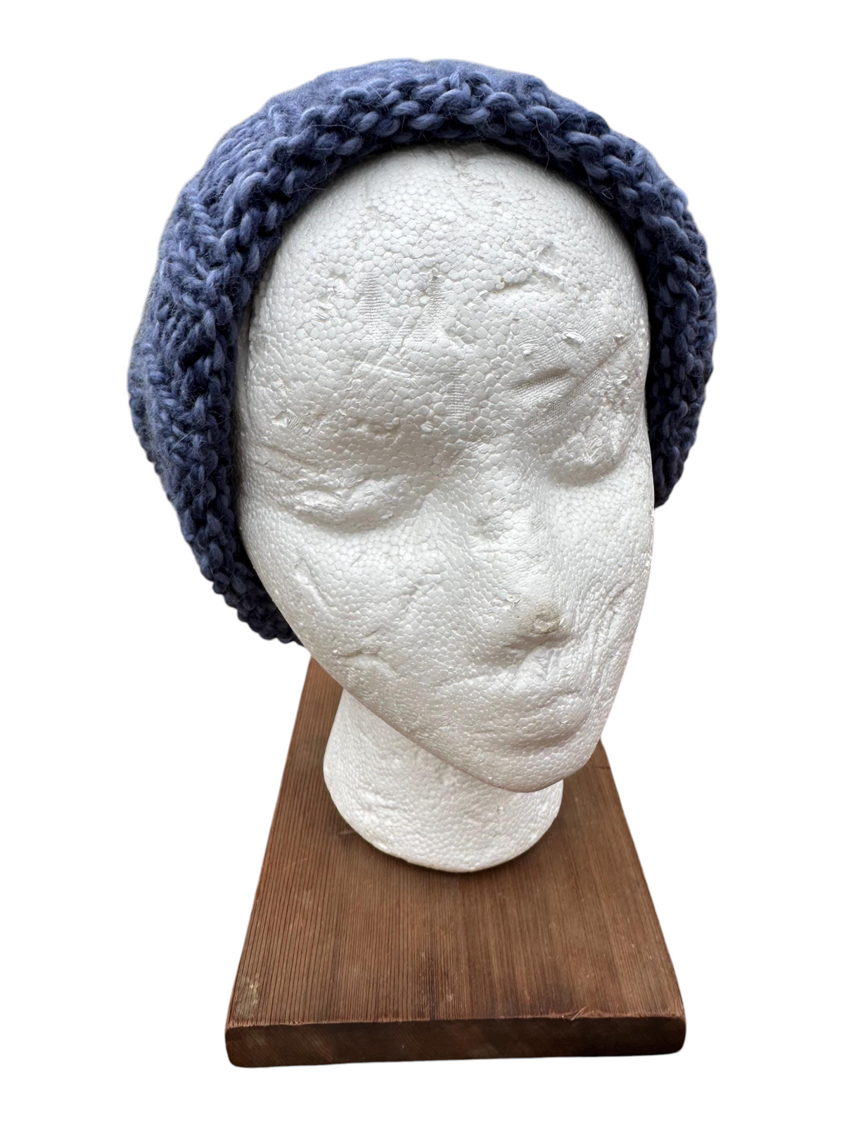 Oak Crest Alpacas and More chunky blue hand-knit alpaca wool beanie displayed on a white mannequin head.