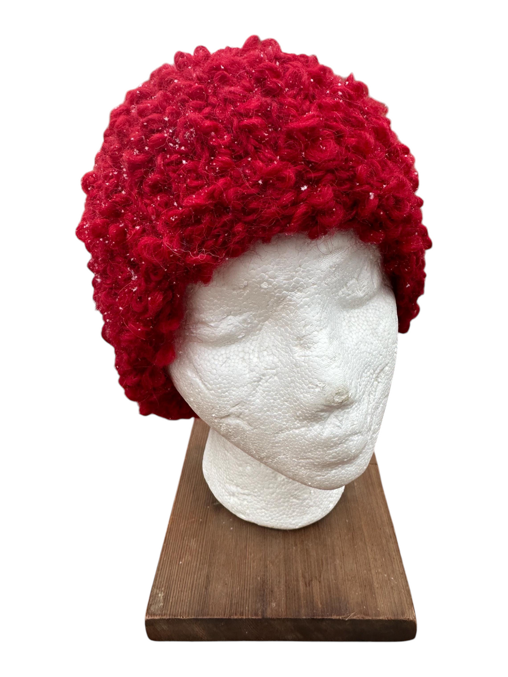Oak Crest Alpacas and More hand-knit red textured alpaca wool blend beanie on a mannequin head