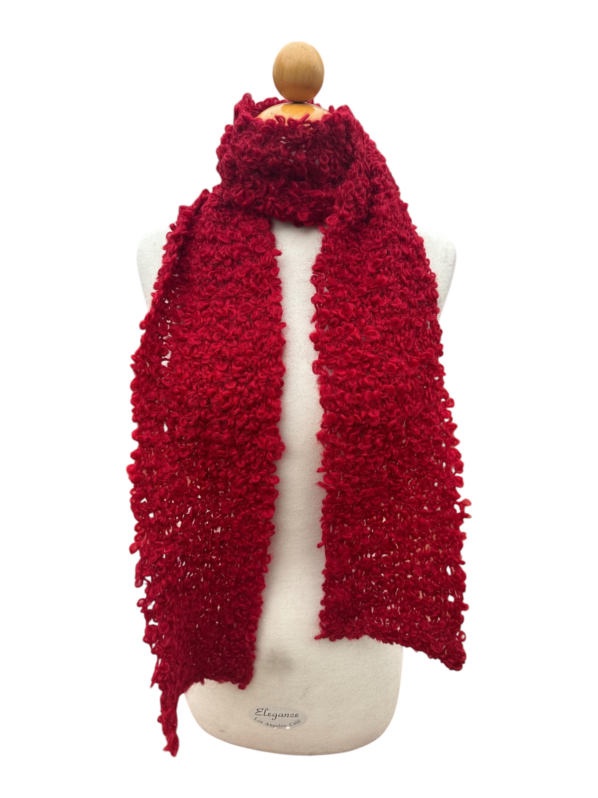 Oak Crest Alpacas and More hand knit red alpaca blend scarf with a textured loop design on a mannequin