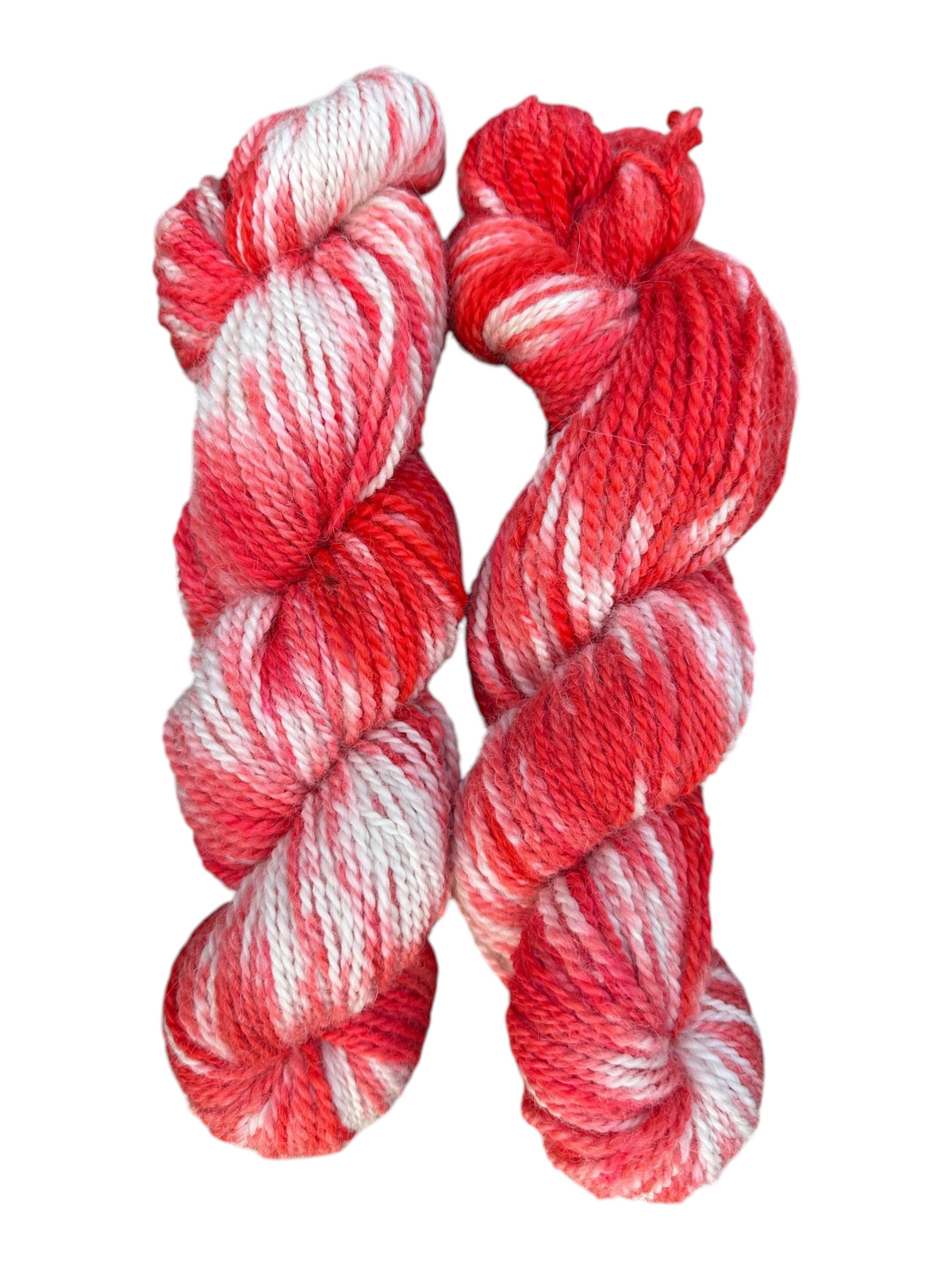 Oak Crest Alpacas and More hand dyed variegated red and white 100% American alpaca worsted weight yarn skeins