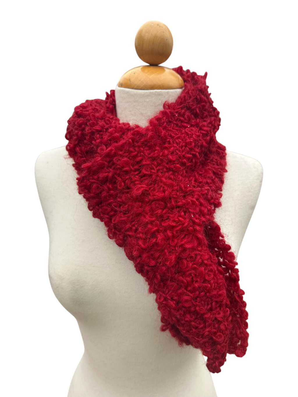 Oak Crest Alpacas and More hand knit red alpaca blend scarf with a textured loop design on a mannequin