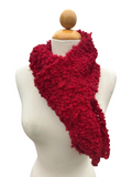 Oak Crest Alpacas and More hand knit red alpaca blend scarf with a textured loop design on a mannequin