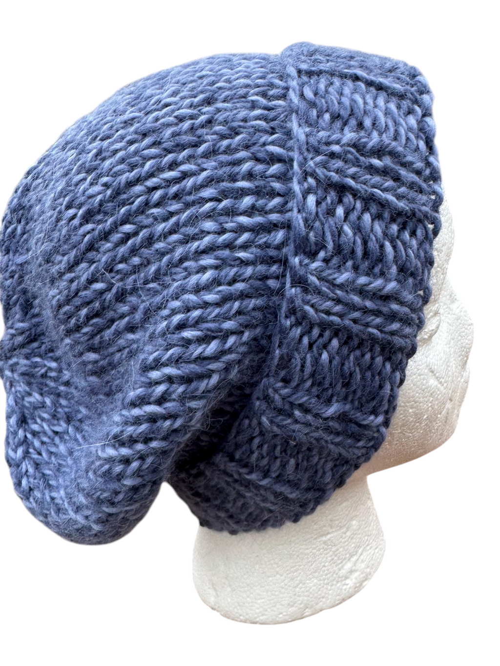 Oak Crest Alpacas and More hand-knit blue chunky alpaca wool slouchy beanie hat on a mannequin head