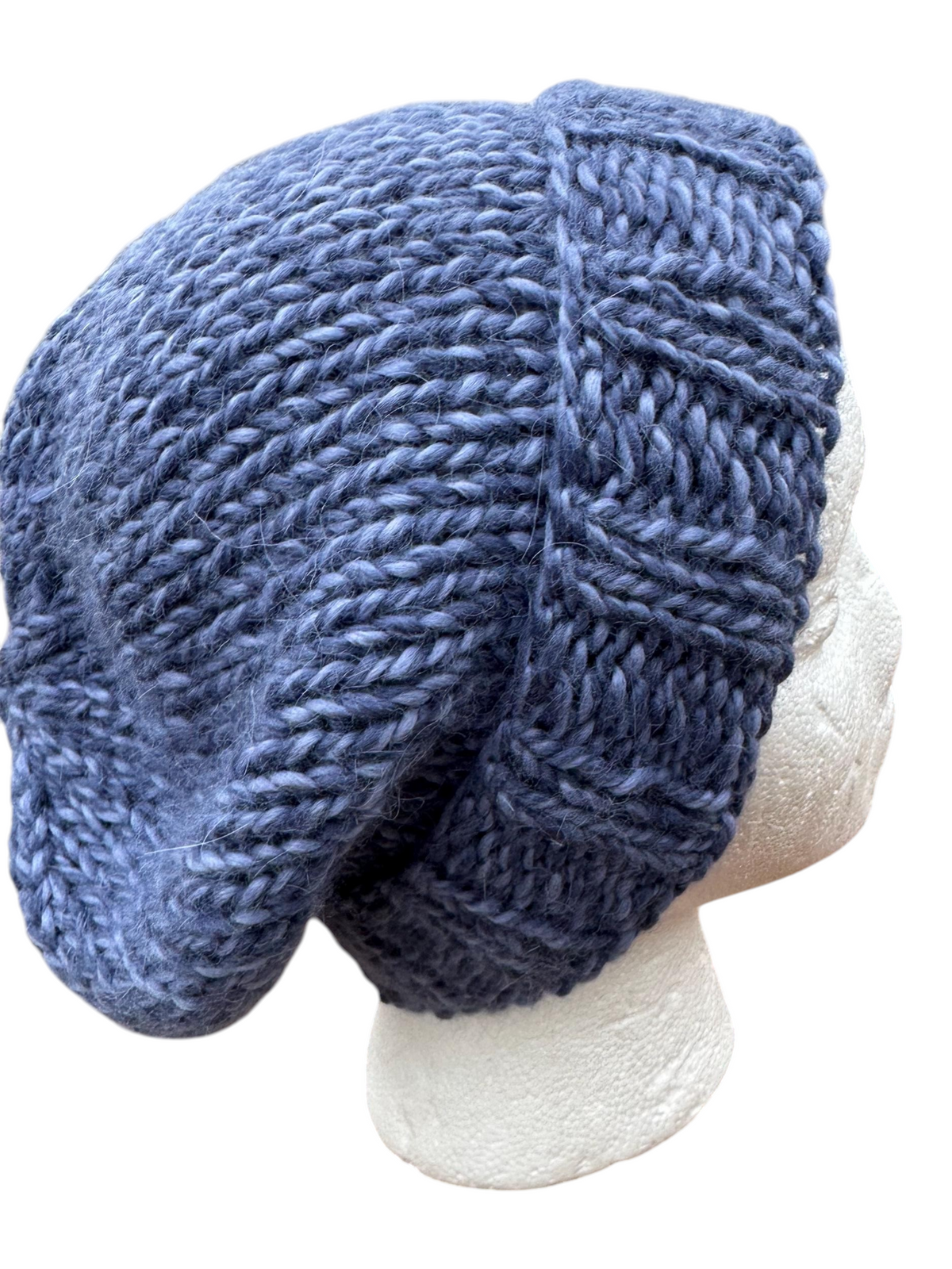 Oak Crest Alpacas and More hand-knit blue chunky alpaca wool slouchy beanie hat on a mannequin head