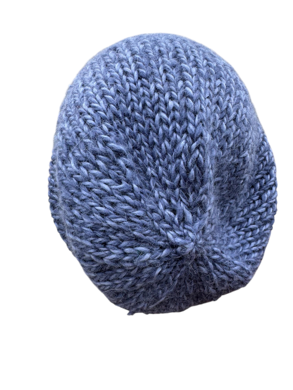 Oak Crest Alpacas and More chunky blue hand-knit alpaca winter hat with a slouchy or fold-over beanie design.