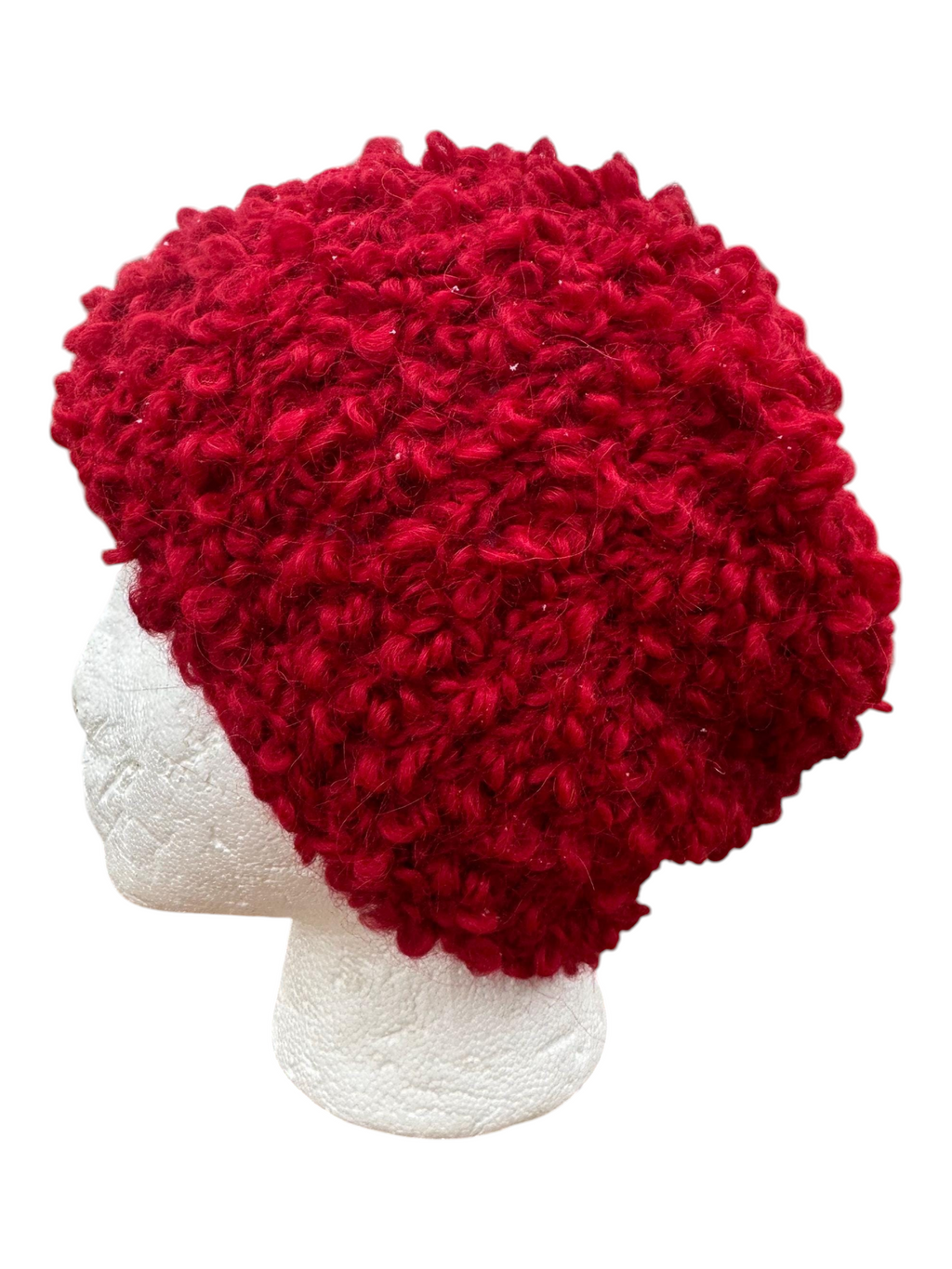 Oak Crest Alpacas and More hand-knit red textured alpaca wool blend hat on a mannequin head
