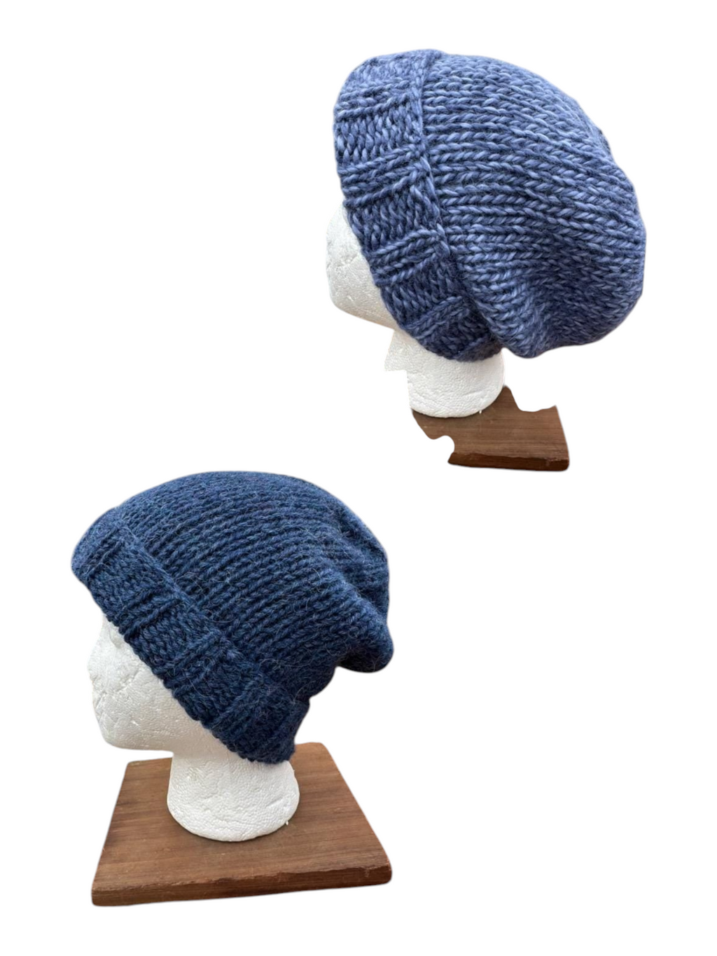 Oak Crest Alpacas and More hand-knit blue chunky alpaca wool winter hat shown as a slouchy hat and folded beanie.