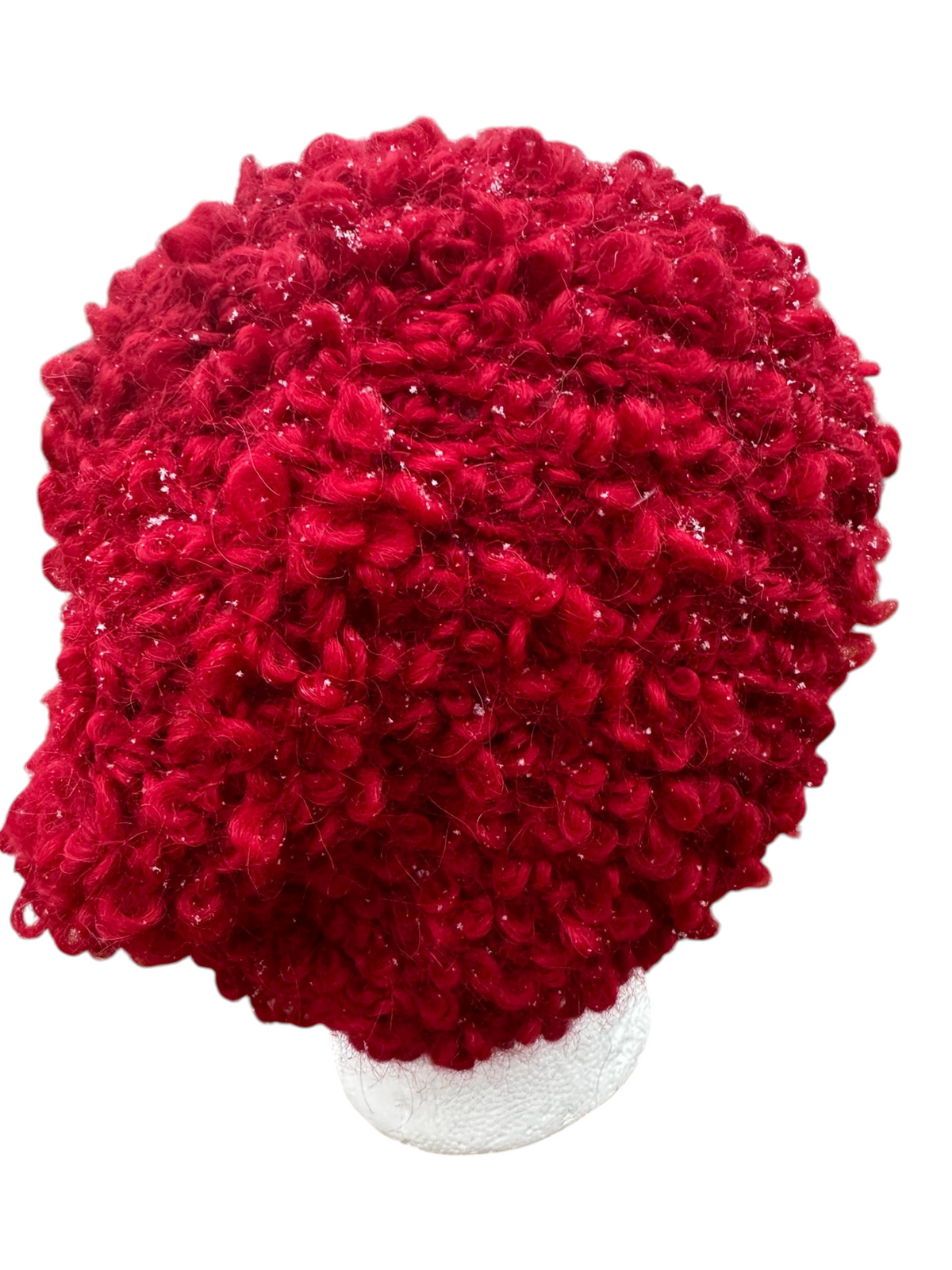 Oak Crest Alpacas and More hand-knit red textured alpaca wool blend hat on a display stand