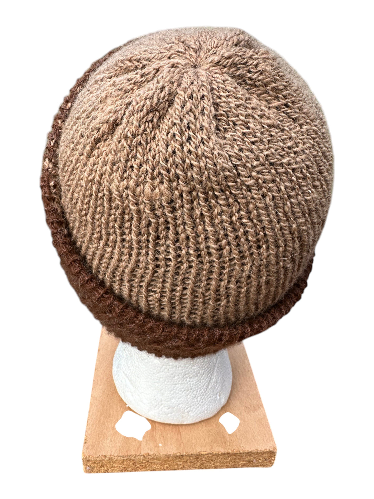 Oak Crest Alpacas and More reversible double knit alpaca hat in brown and fawn with a fold over brim