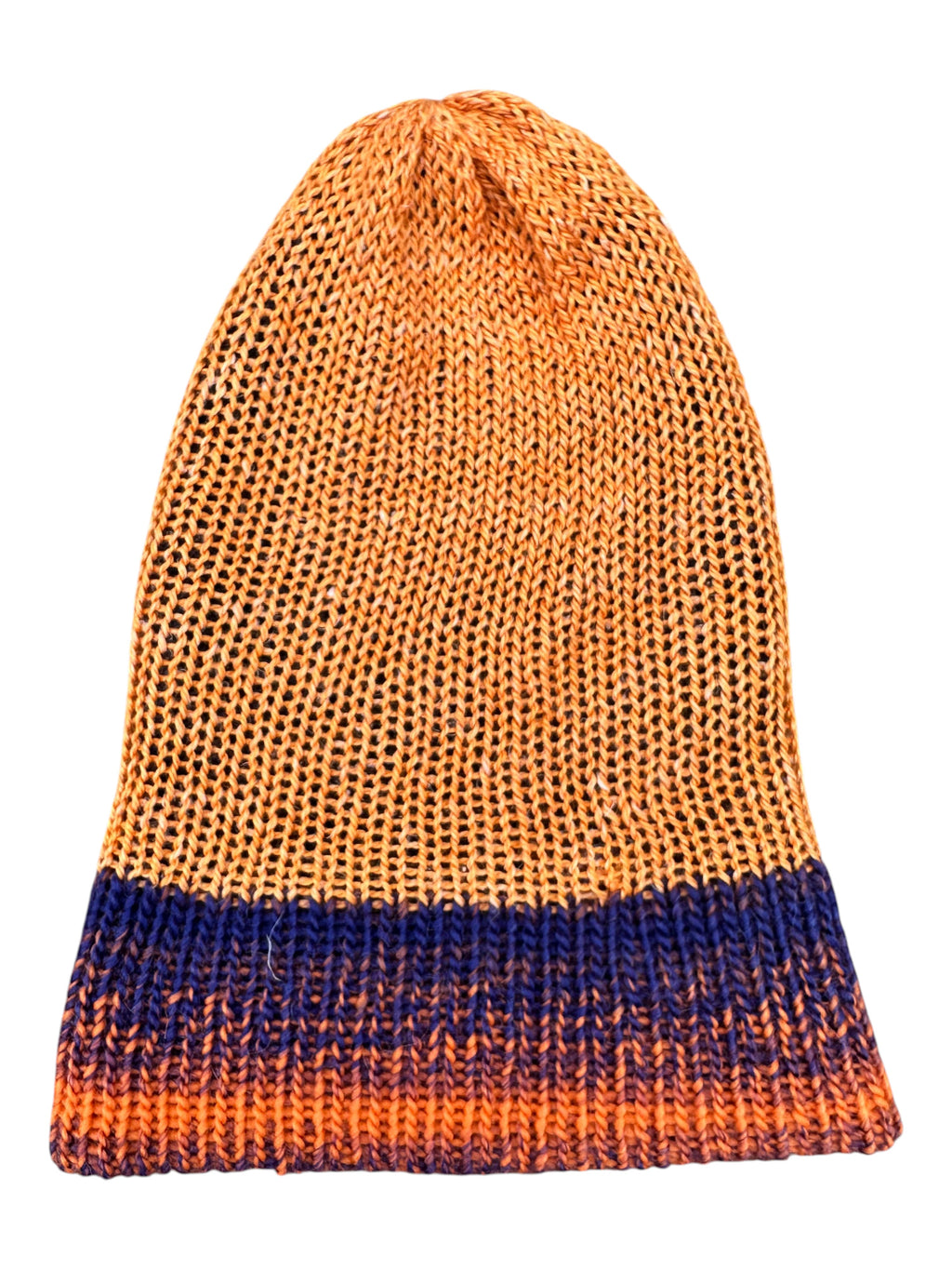Oak Crest Alpacas and More double knit alpaca and wool blend hat in orange and blue with a fold over brim