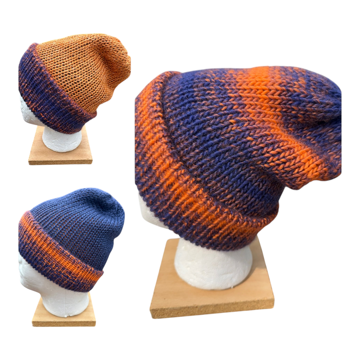 Oak Crest Alpacas and More double knit alpaca and merino wool hat in blue and orange with a versatile fold over brim