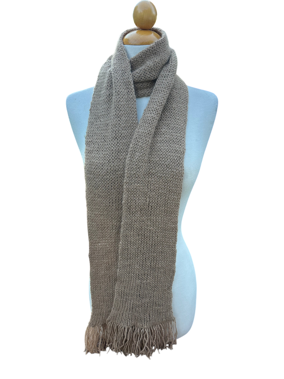 Oak Crest Alpacas and More soft beige double knit alpaca scarf with fringe on a mannequin