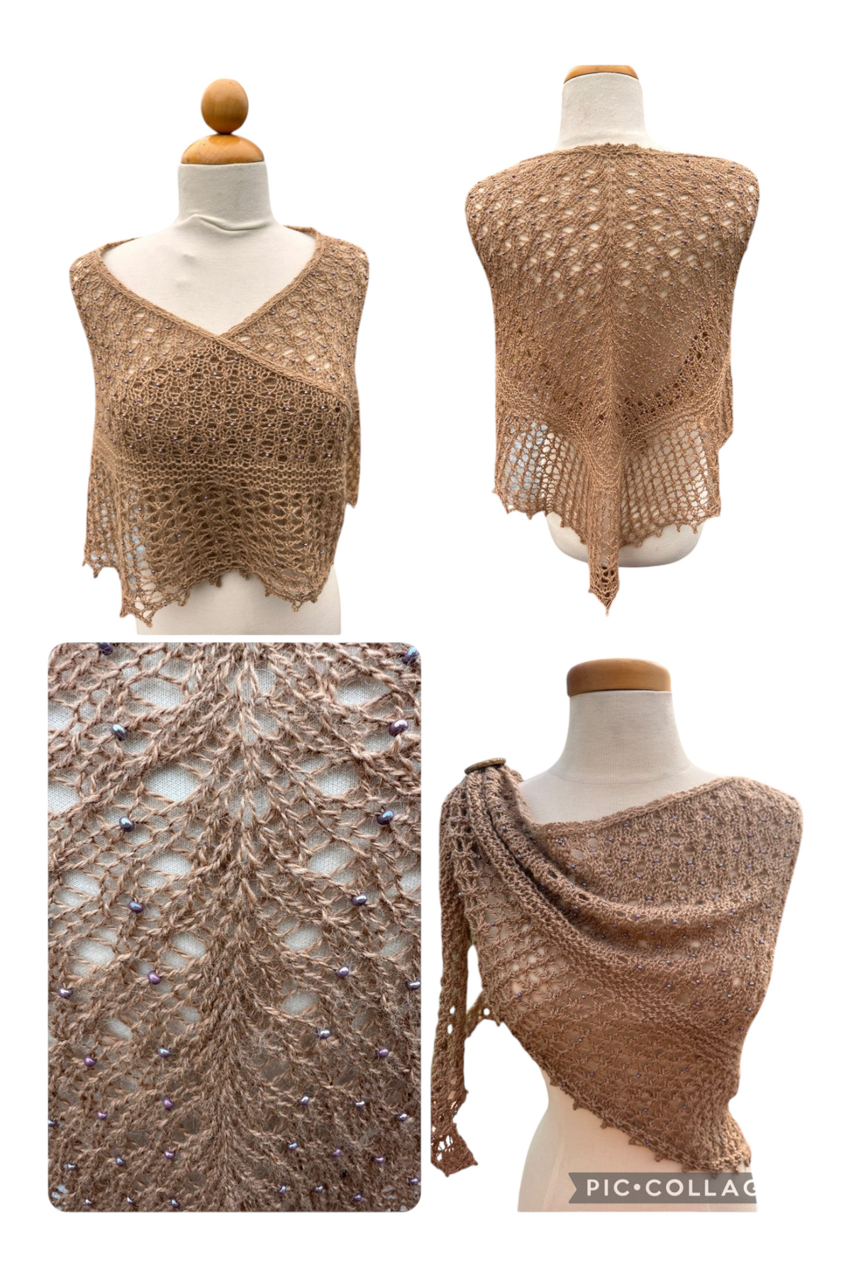 Oak Crest Alpacas and More hand knit tan alpaca lace shawl with delicate bead accents styled on a mannequin