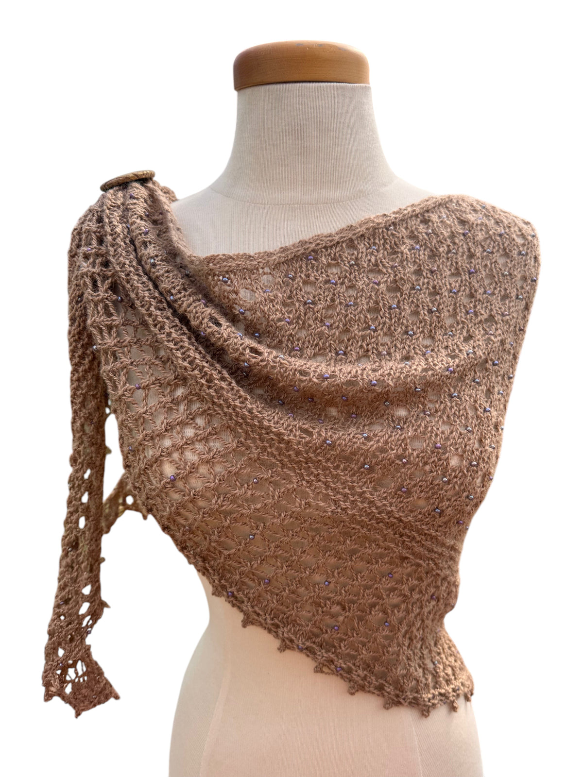 Oak Crest Alpacas and More hand knit tan alpaca lace shawl with delicate bead accents on a mannequin