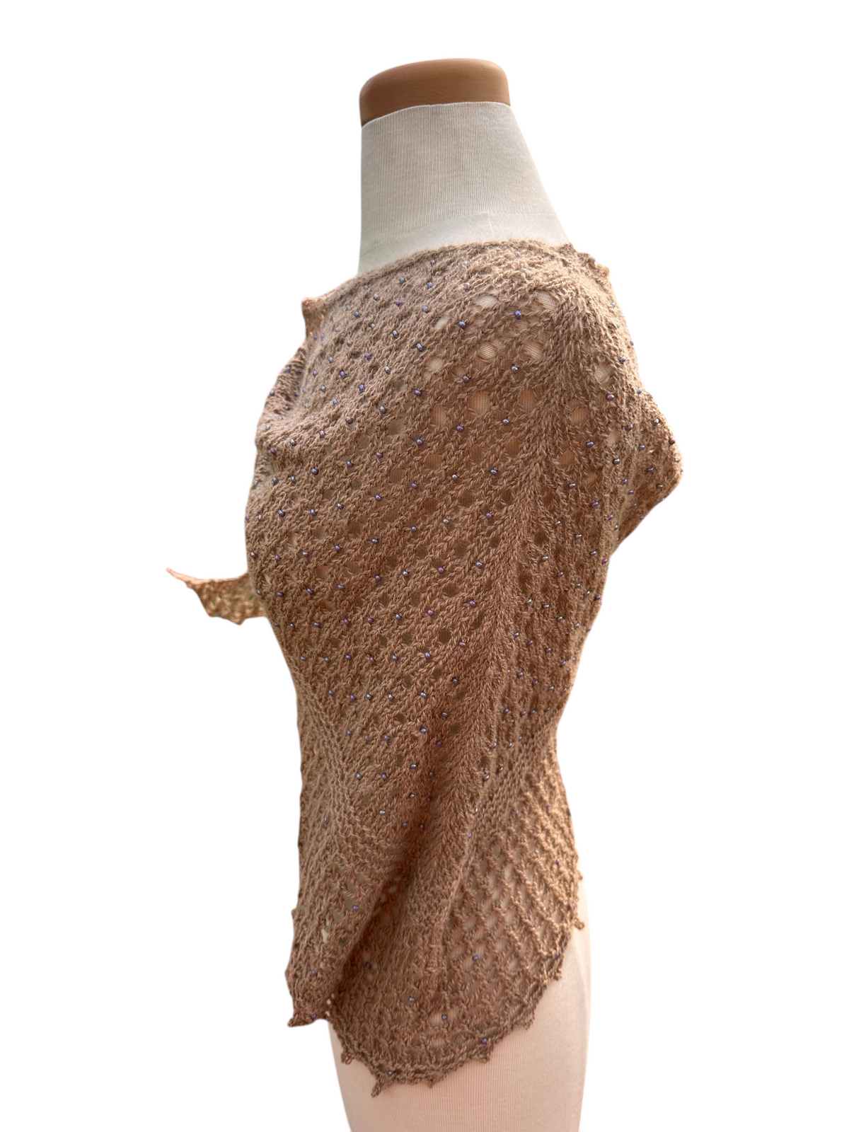 Oak Crest Alpacas and More hand knit tan alpaca lace shawl with delicate bead detailing on a mannequin