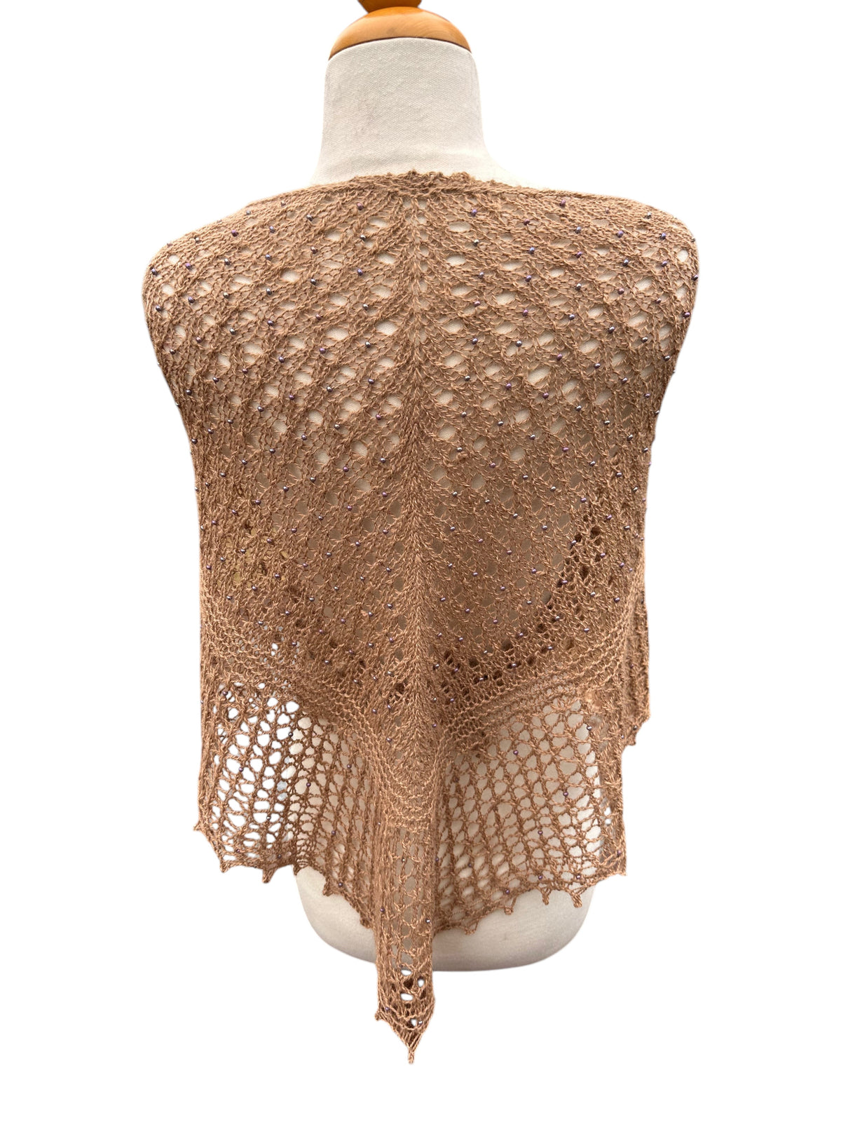Oak Crest Alpacas and More hand knit brown alpaca lace shawl with delicate bead detailing on a mannequin back view